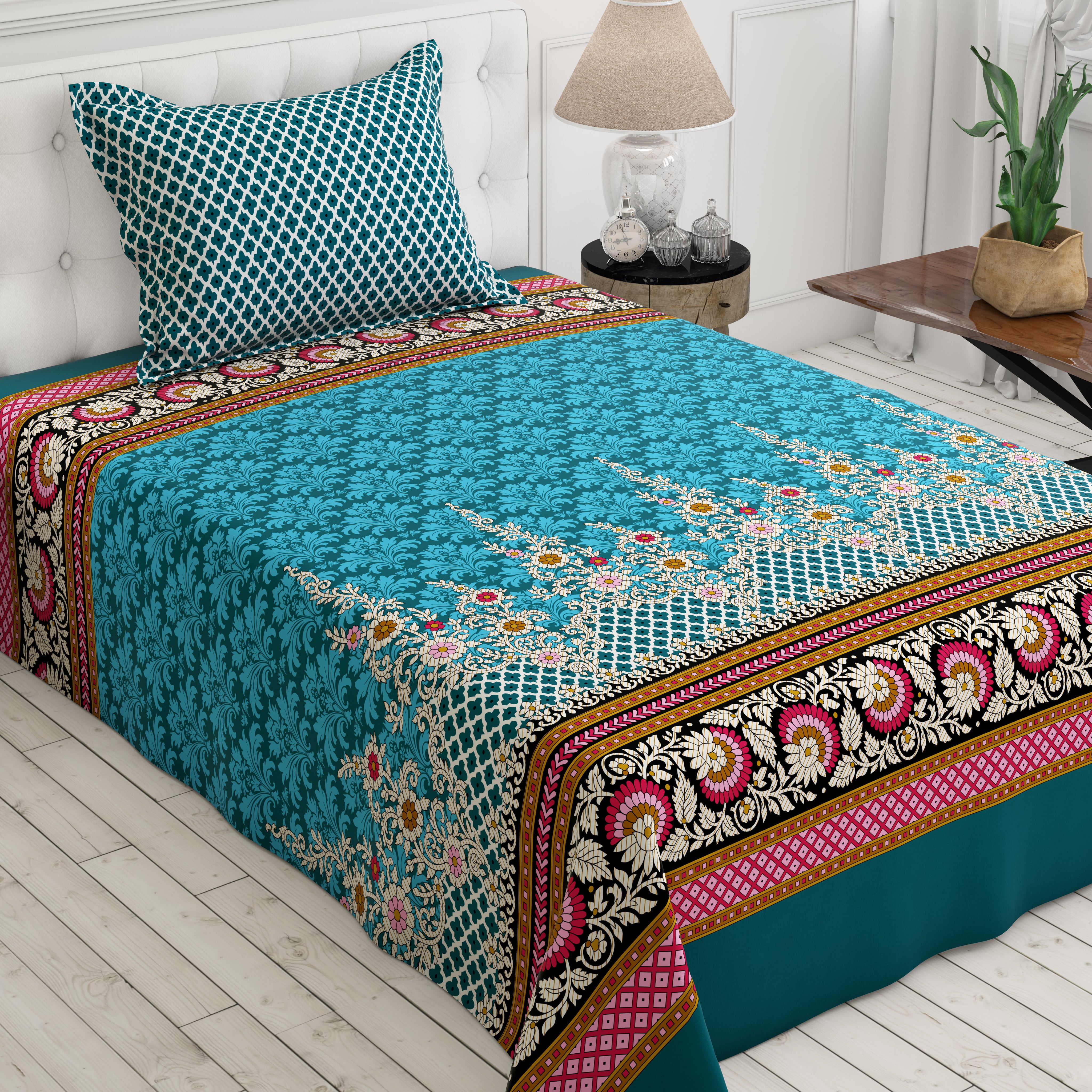 Xara Teal Floral Stripe Bed Sheet Set - 8481-82