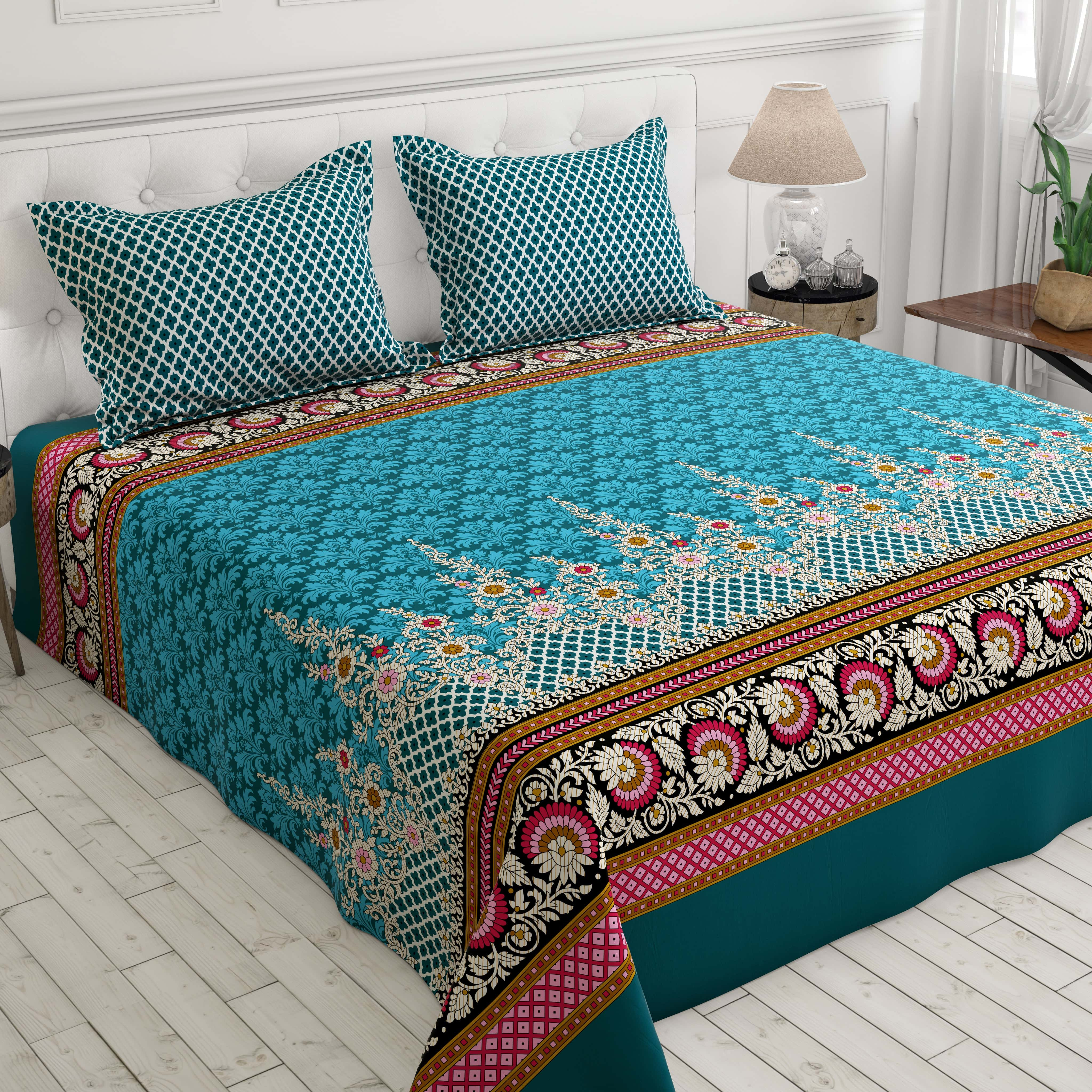 Xara Teal Floral Stripe Bed Sheet Set - 8481-82