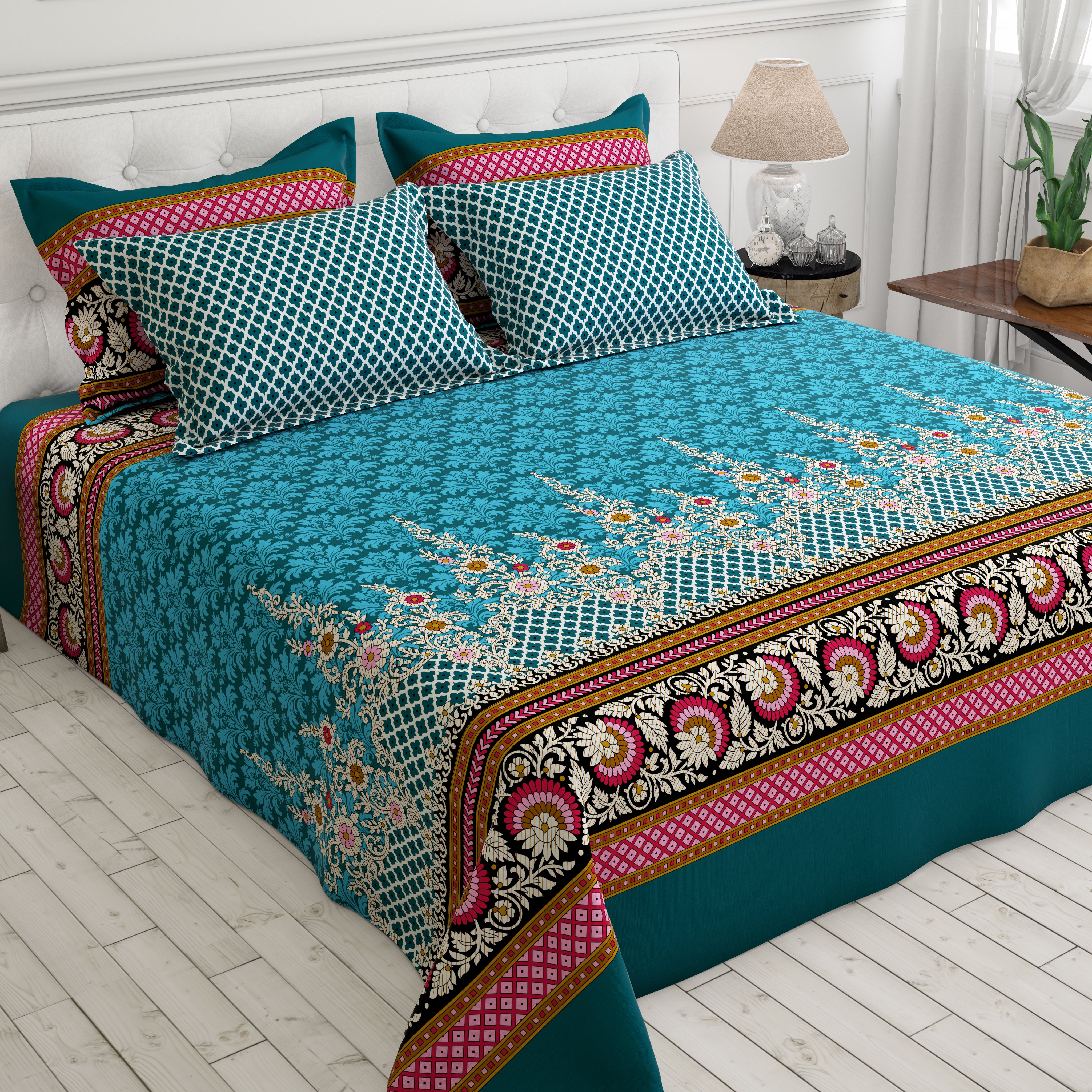 Xara Teal Floral Stripe Bed Sheet Set - 8481-82