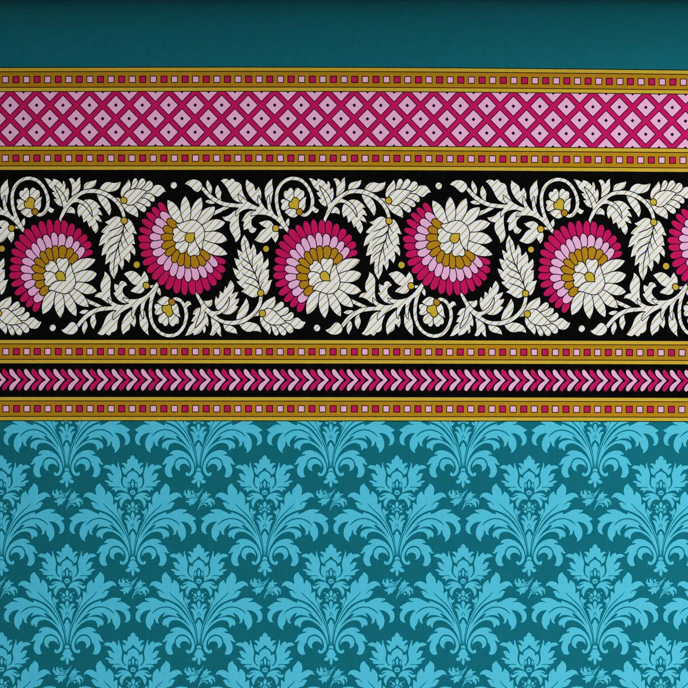 Xara Teal Floral Stripe Bed Sheet Set - 8481-82