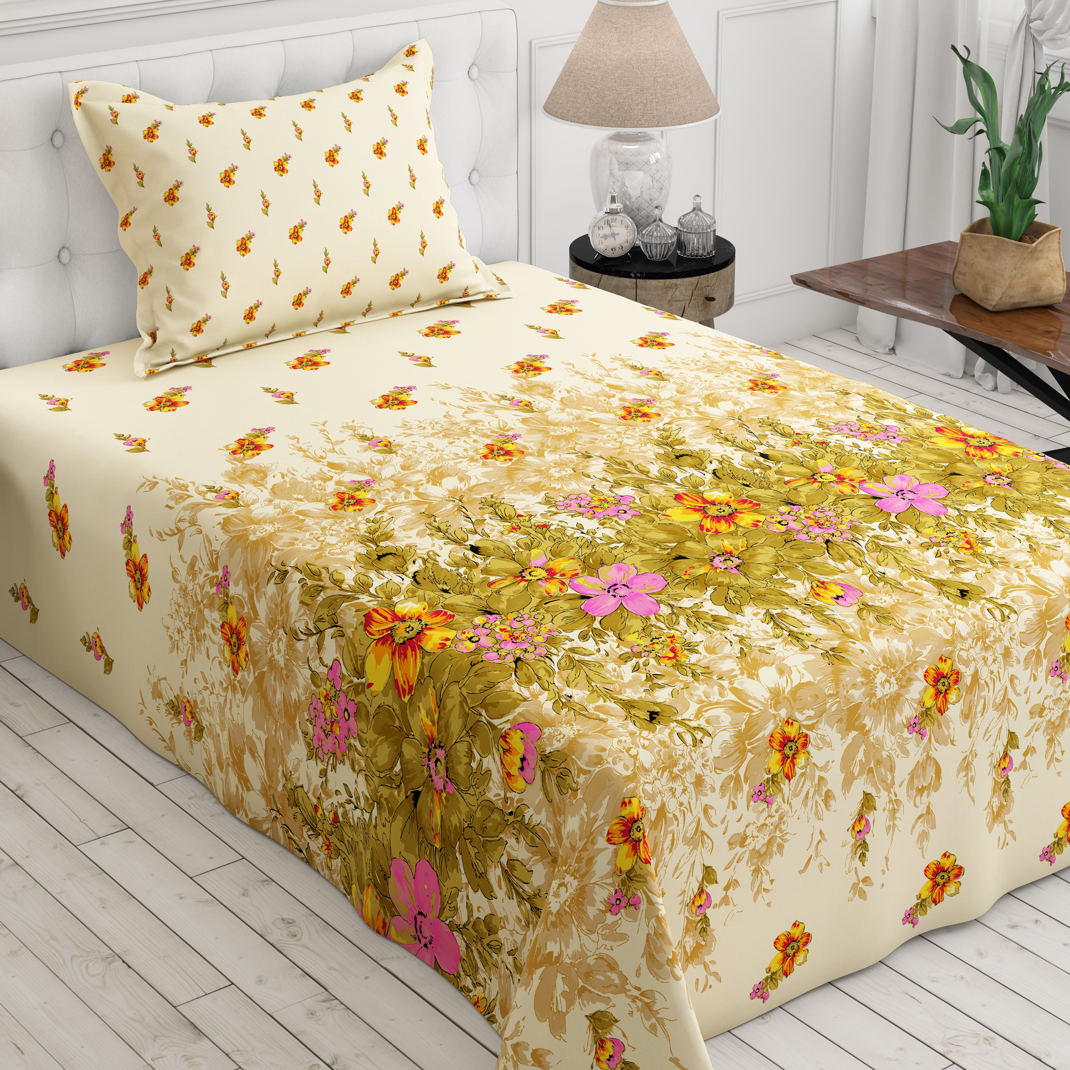 Xara Floral Stripe Border Bed Sheet Set Cream - 8484-85