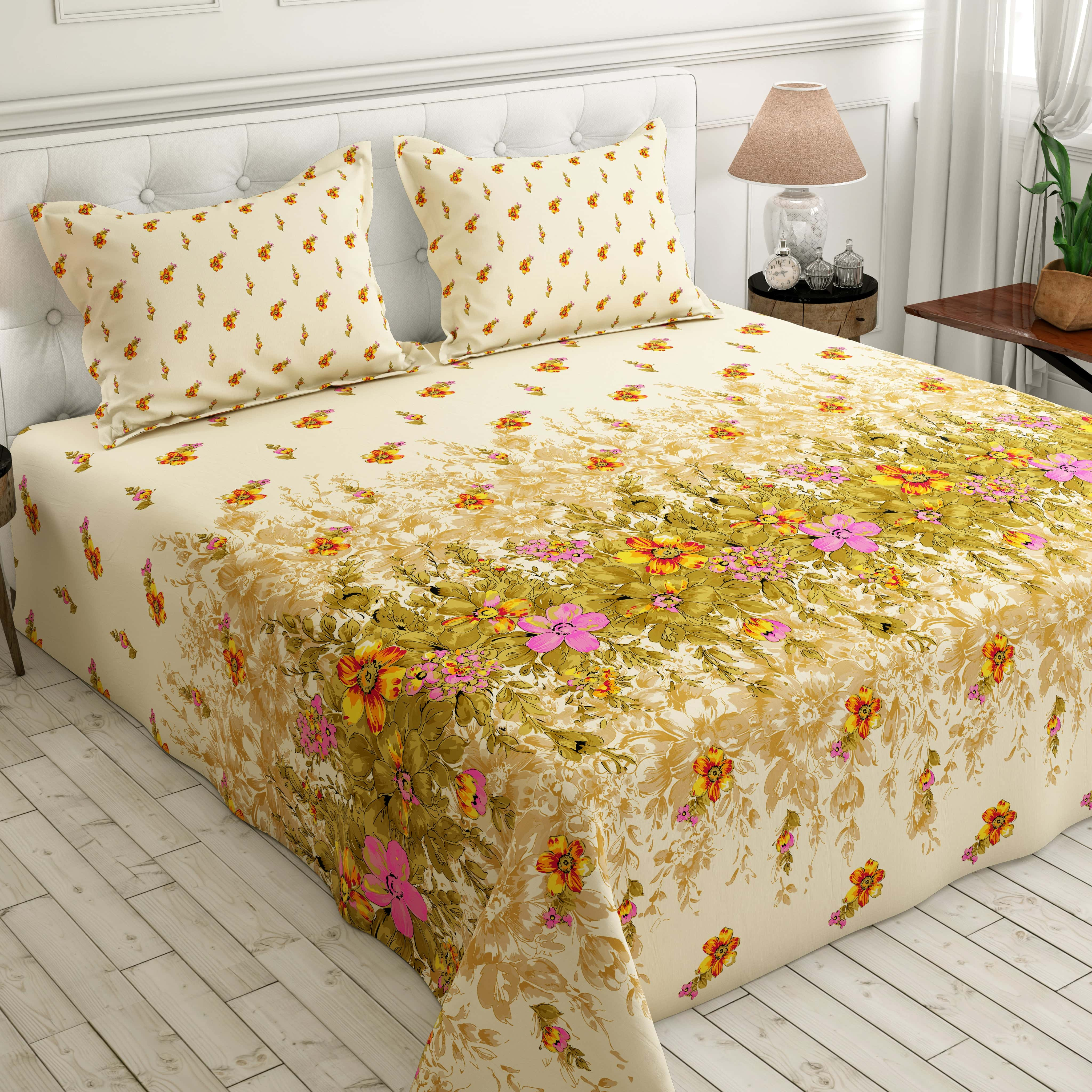 Xara Floral Stripe Border Bed Sheet Set Cream - 8484-85