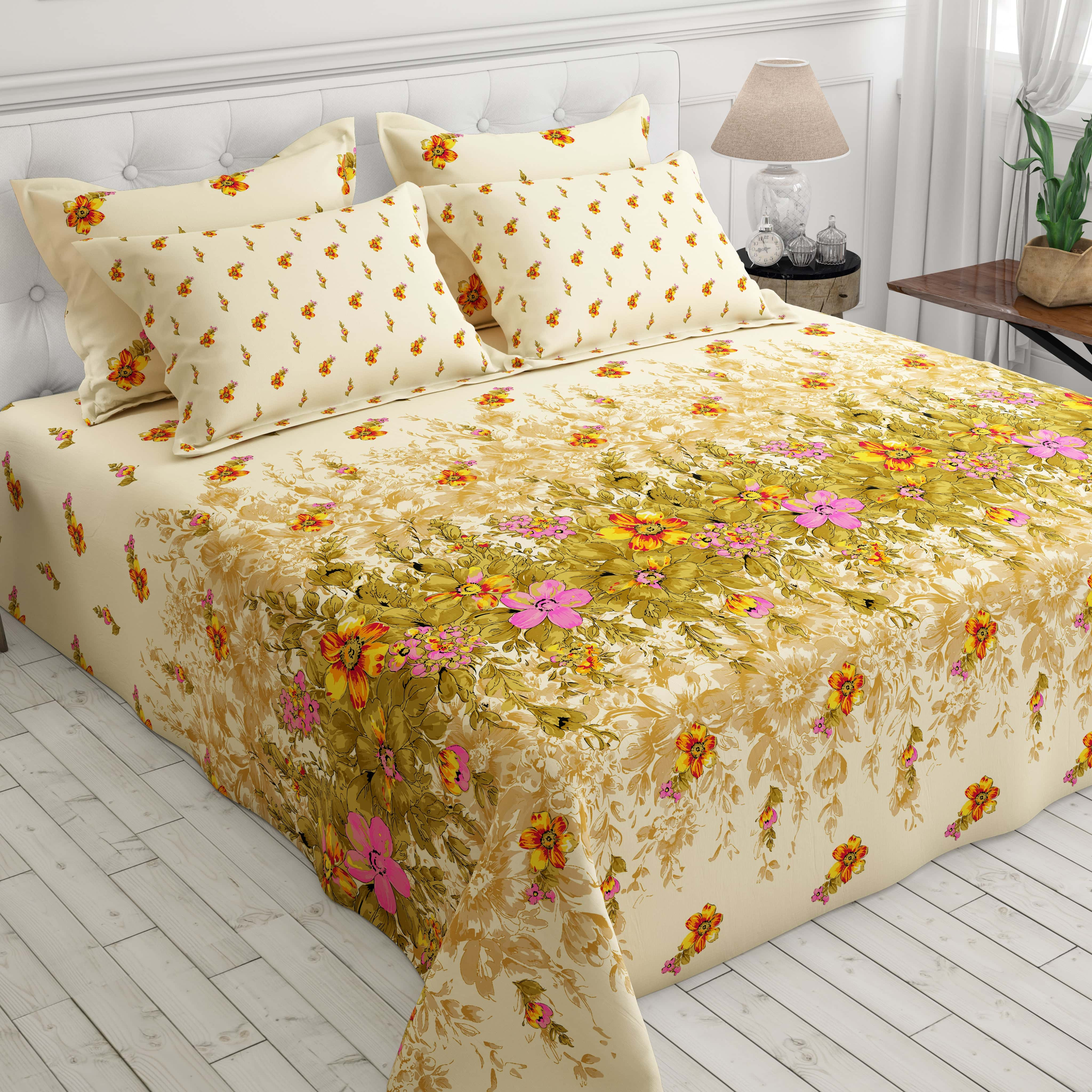 Xara Floral Stripe Border Bed Sheet Set Cream - 8484-85