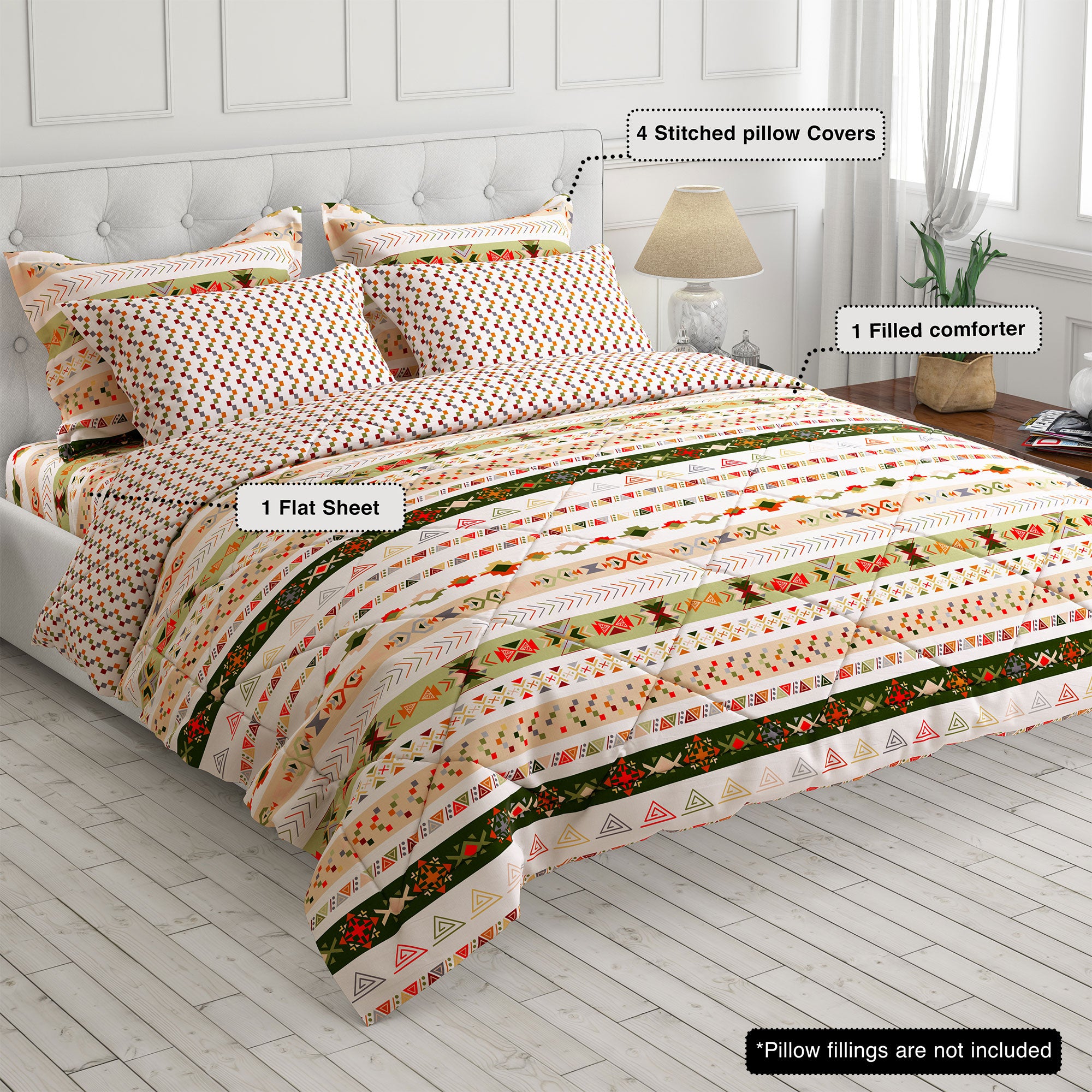 Creamy Beige Geometric Cotton Blend 6-Pcs Comforter Set - 8486