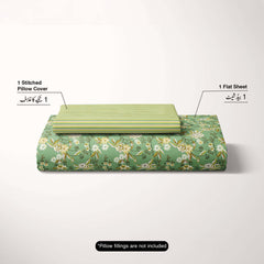 Xara Green Floral Bed Sheet Set with Striped Border - 8496-97