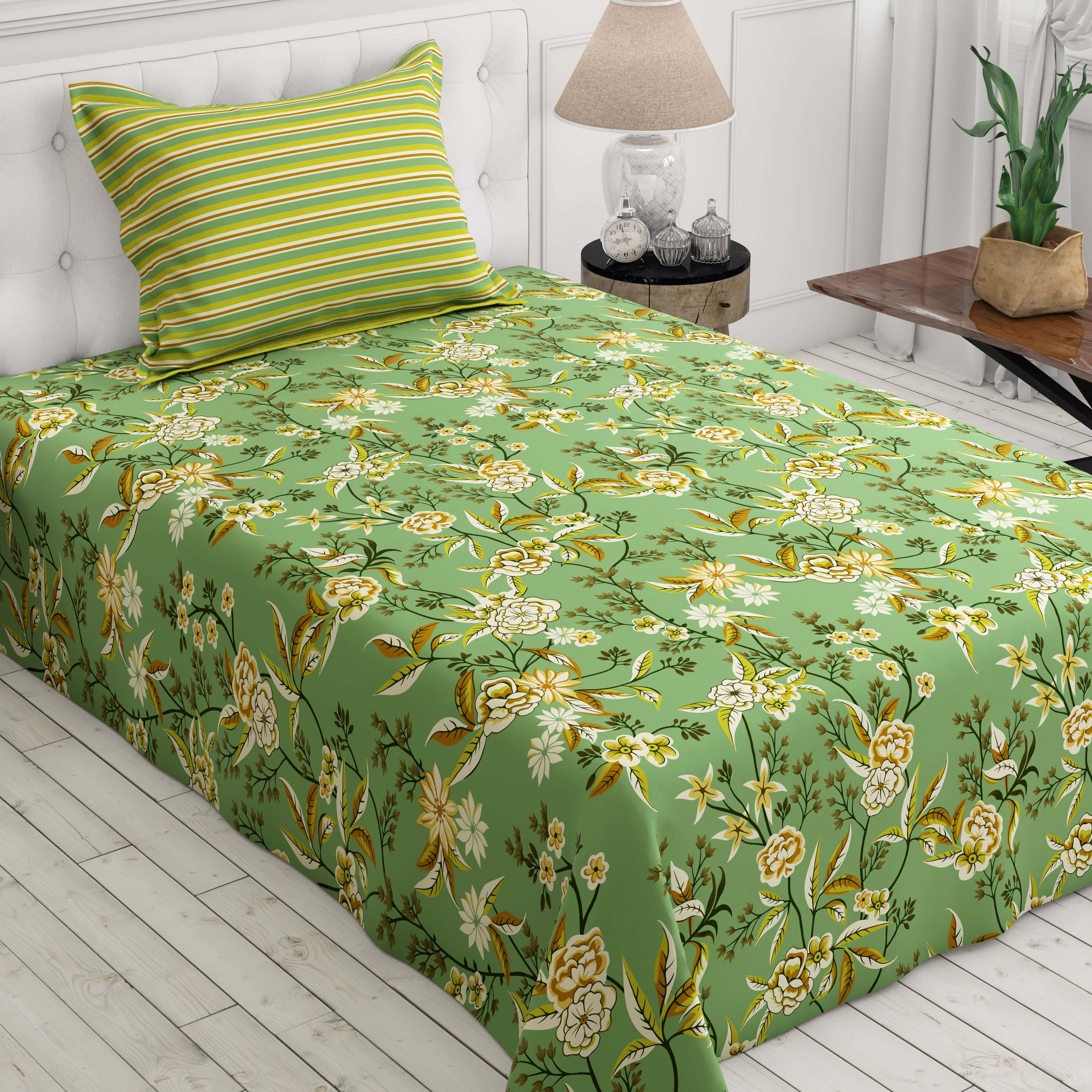 Xara Green Floral Bed Sheet Set with Striped Border - 8496-97