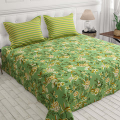 Xara Green Floral Bed Sheet Set with Striped Border - 8496-97