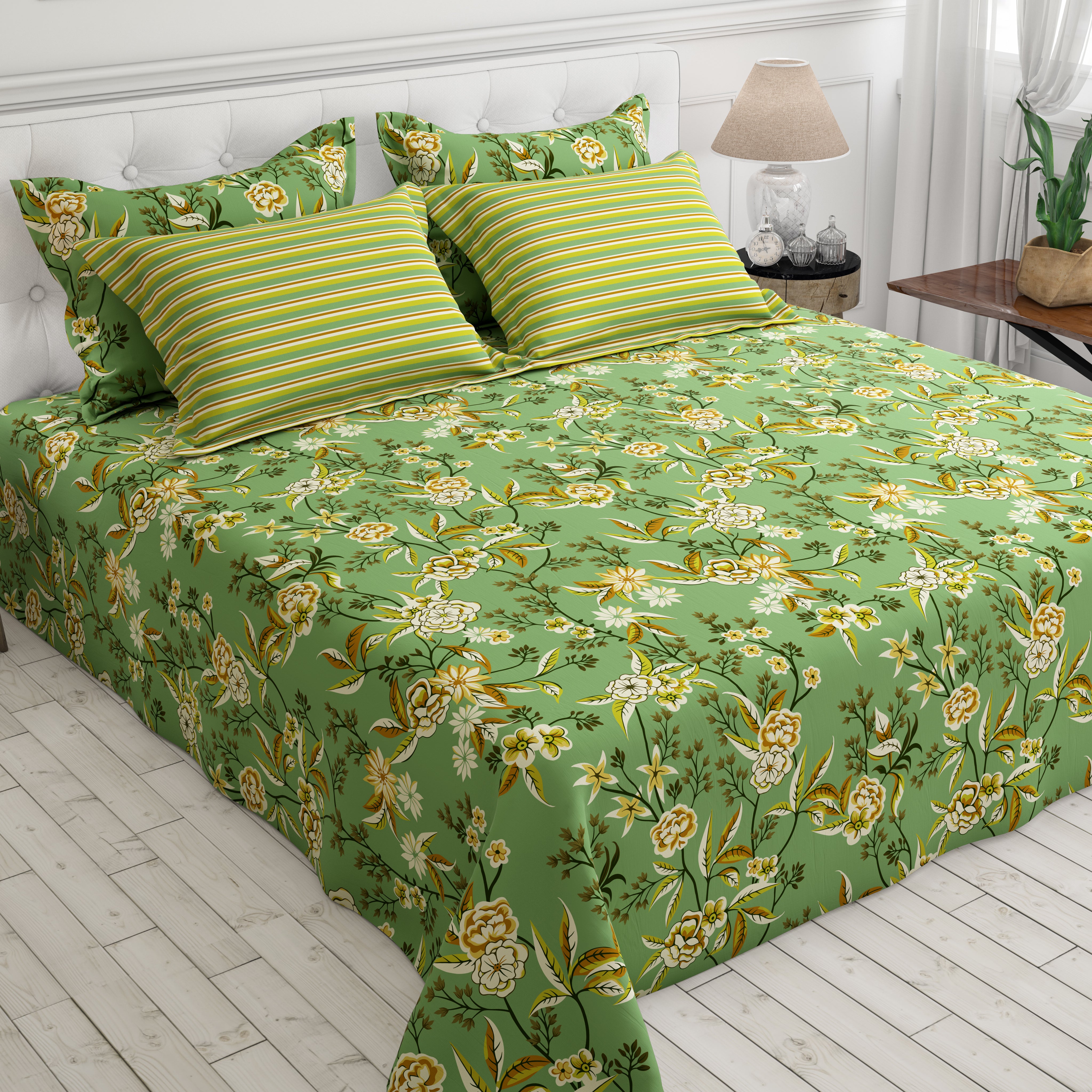 Xara Green Floral Bed Sheet Set with Striped Border - 8496-97