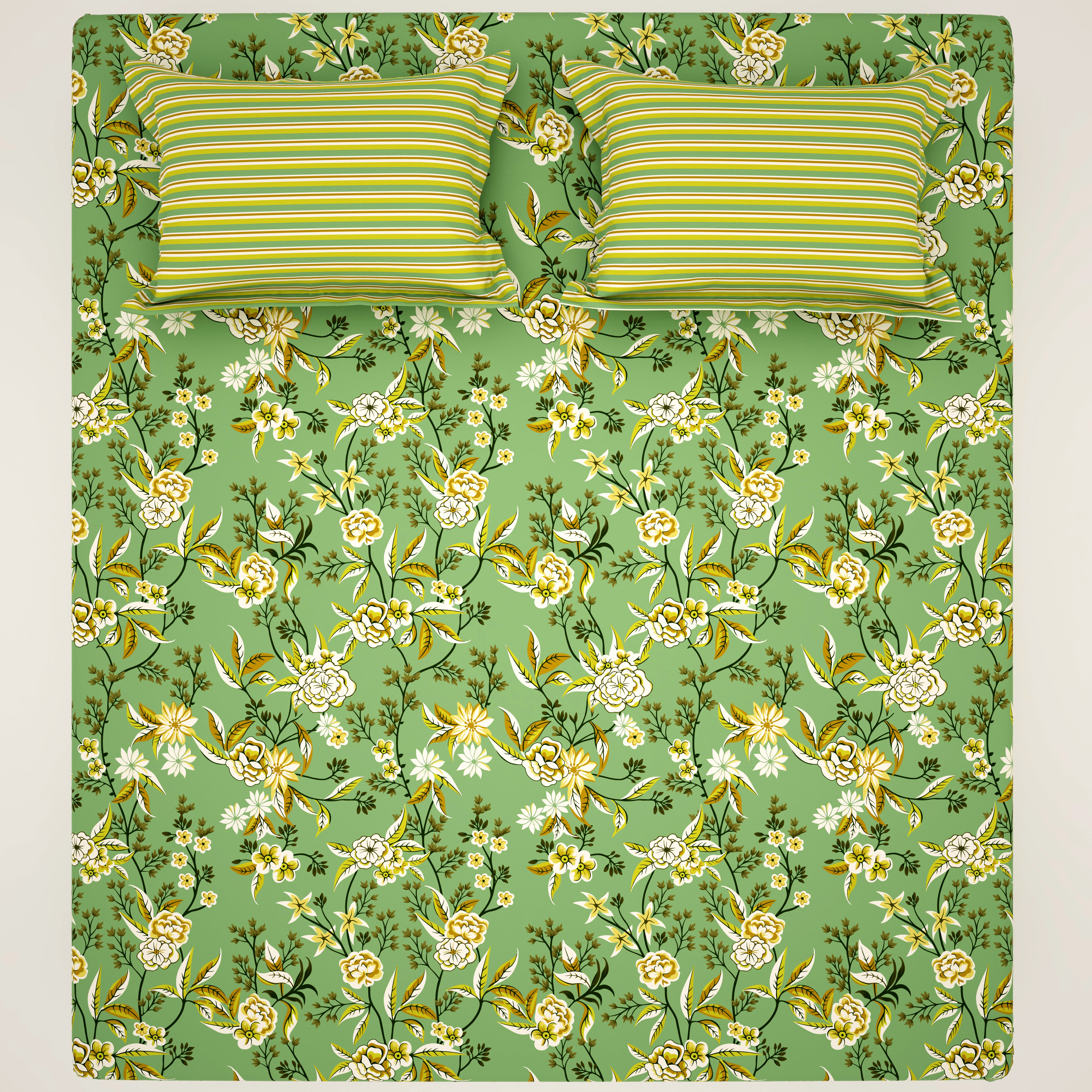 Xara Green Floral Bed Sheet Set with Striped Border - 8496-97