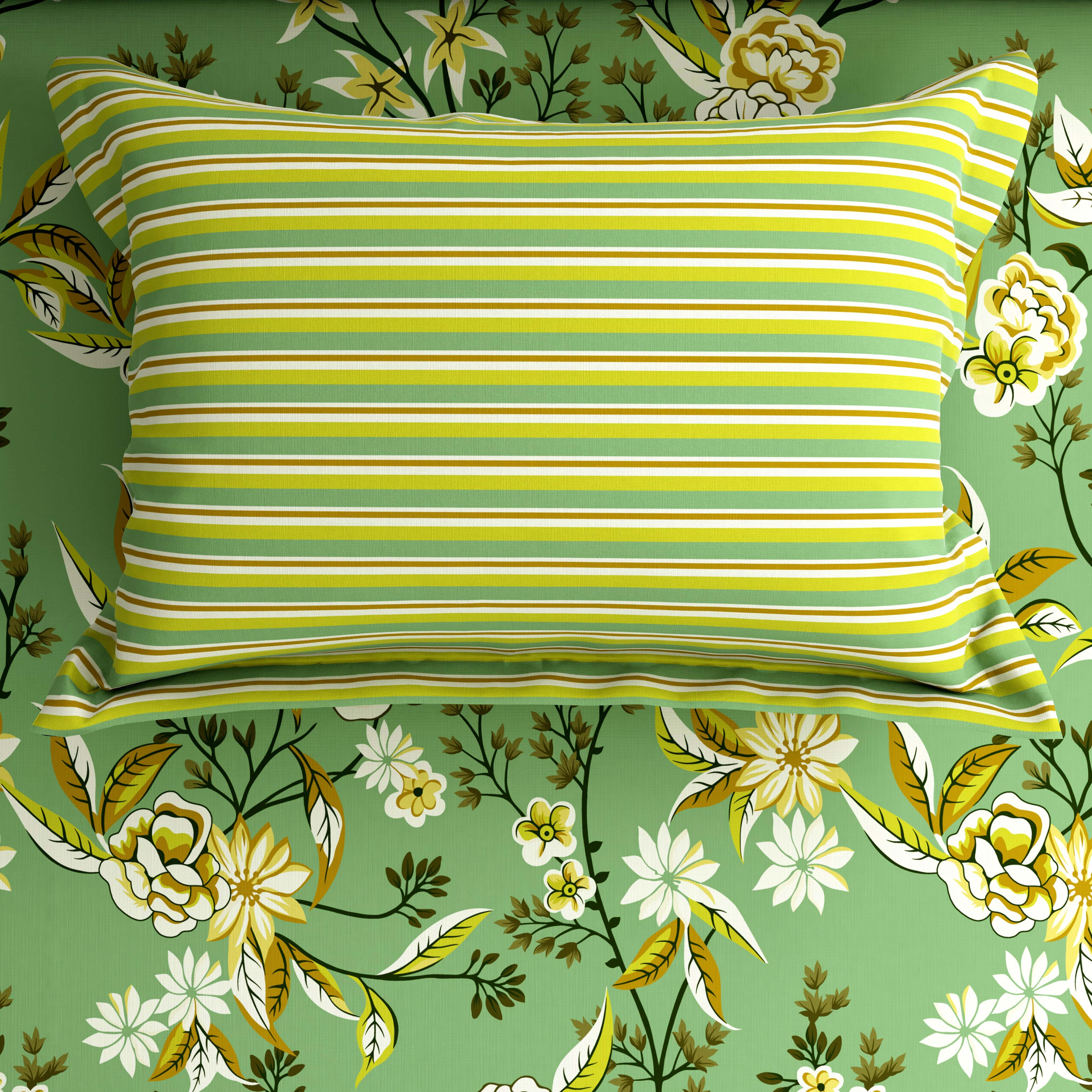 Xara Green Floral Bed Sheet Set with Striped Border - 8496-97