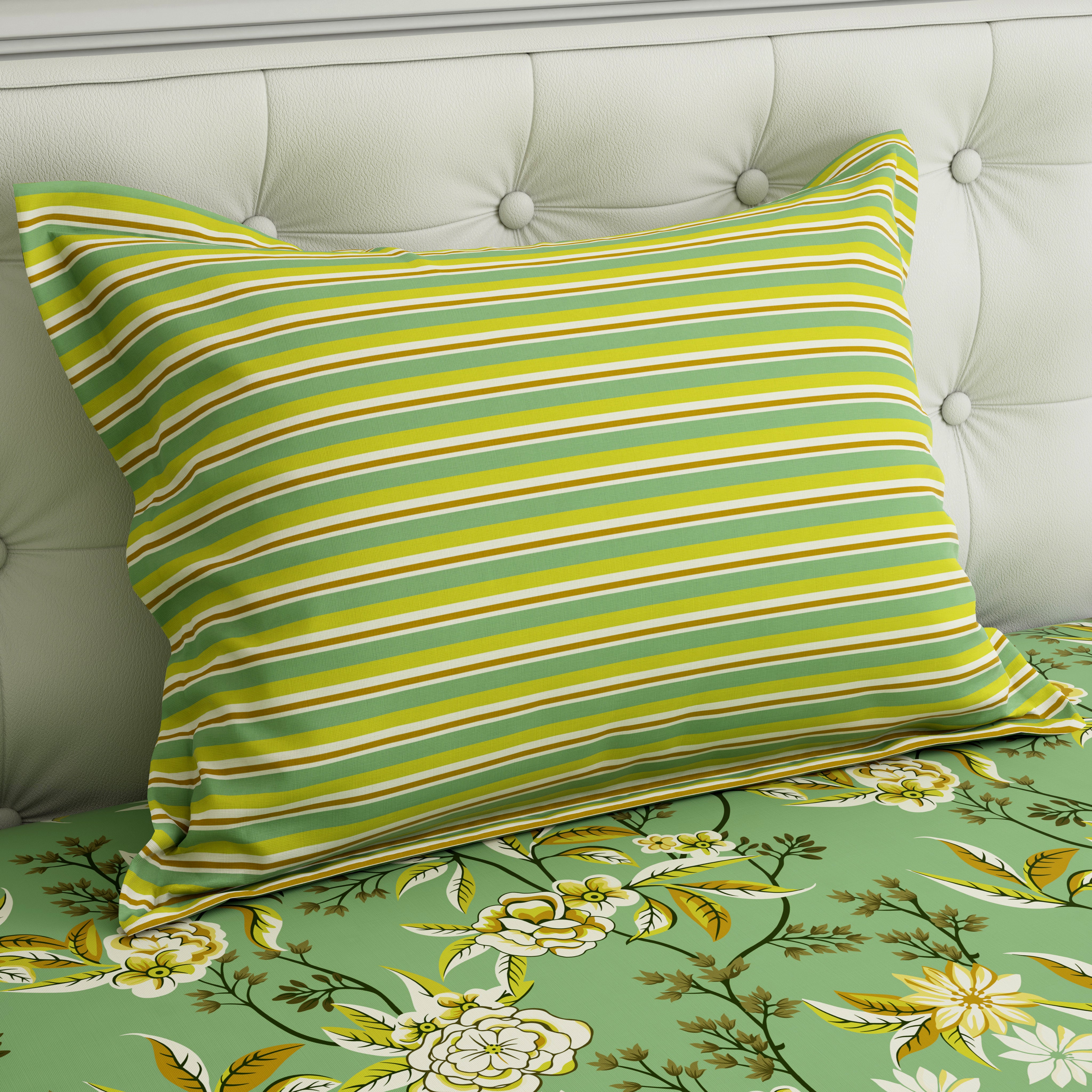 Xara Green Floral Bed Sheet Set with Striped Border - 8496-97