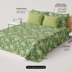 Xara Green Floral Bed Sheet Set with Striped Border - 8496-97