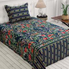 Xara Dark Blue Floral Stripe Border Bed Sheet Set - 8501-02