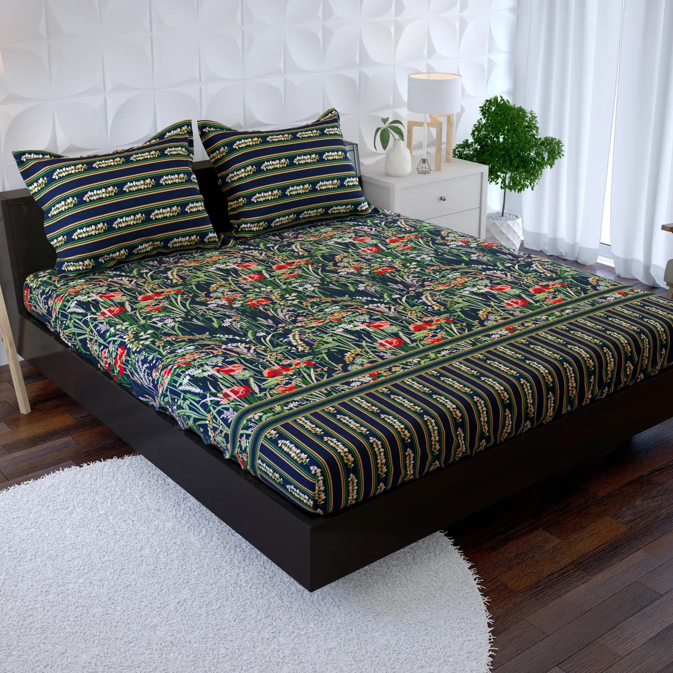 Xara Navy Blue Floral Stripes Fitted Bed Sheet Set - 8501-02