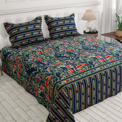 Xara Dark Blue Floral Stripe Border Bed Sheet Set - 8501-02