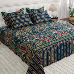 Xara Dark Blue Floral Stripe Border Bed Sheet Set - 8501-02