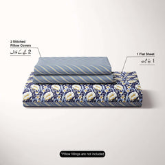 Xara Dark Blue Floral Stripe Border Bed Sheet Set - 8505-06