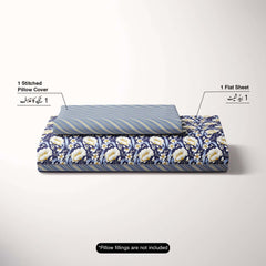 Xara Dark Blue Floral Stripe Border Bed Sheet Set - 8505-06