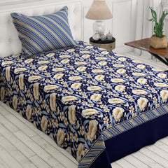 Xara Dark Blue Floral Stripe Border Bed Sheet Set - 8505-06