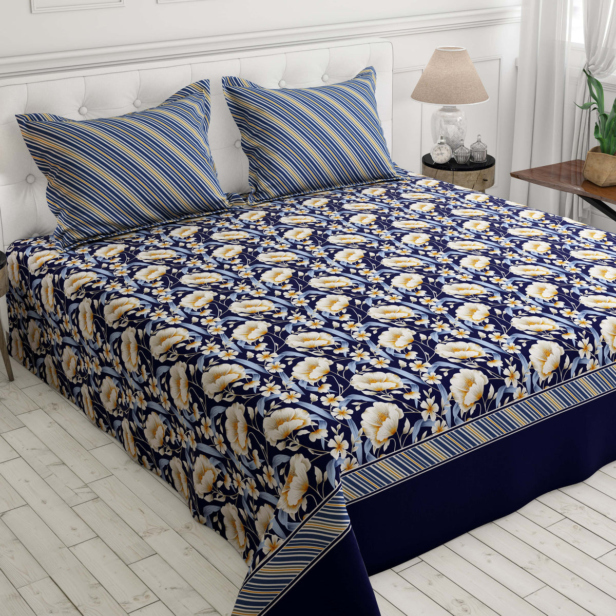 Xara Dark Blue Floral Stripe Border Bed Sheet Set - 8505-06