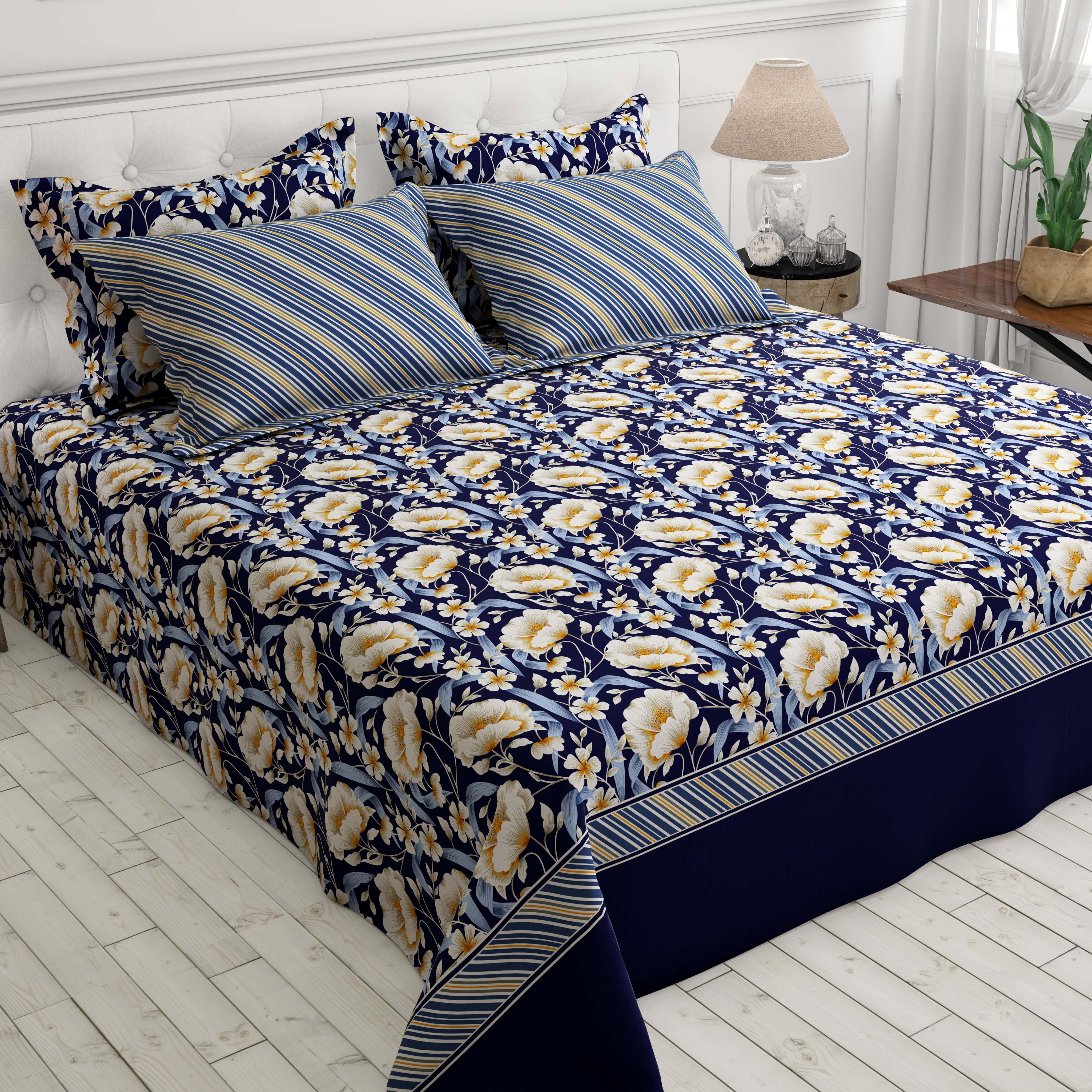 Xara Dark Blue Floral Stripe Border Bed Sheet Set - 8505-06