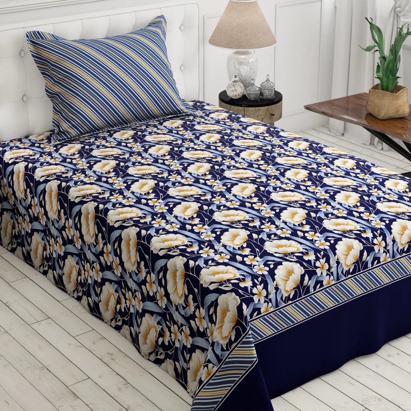 Xara Dark Blue Floral Stripe Border Bed Sheet Set - 8505-06