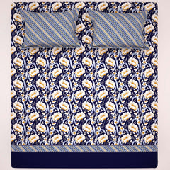 Xara Dark Blue Floral Stripe Border Bed Sheet Set - 8505-06