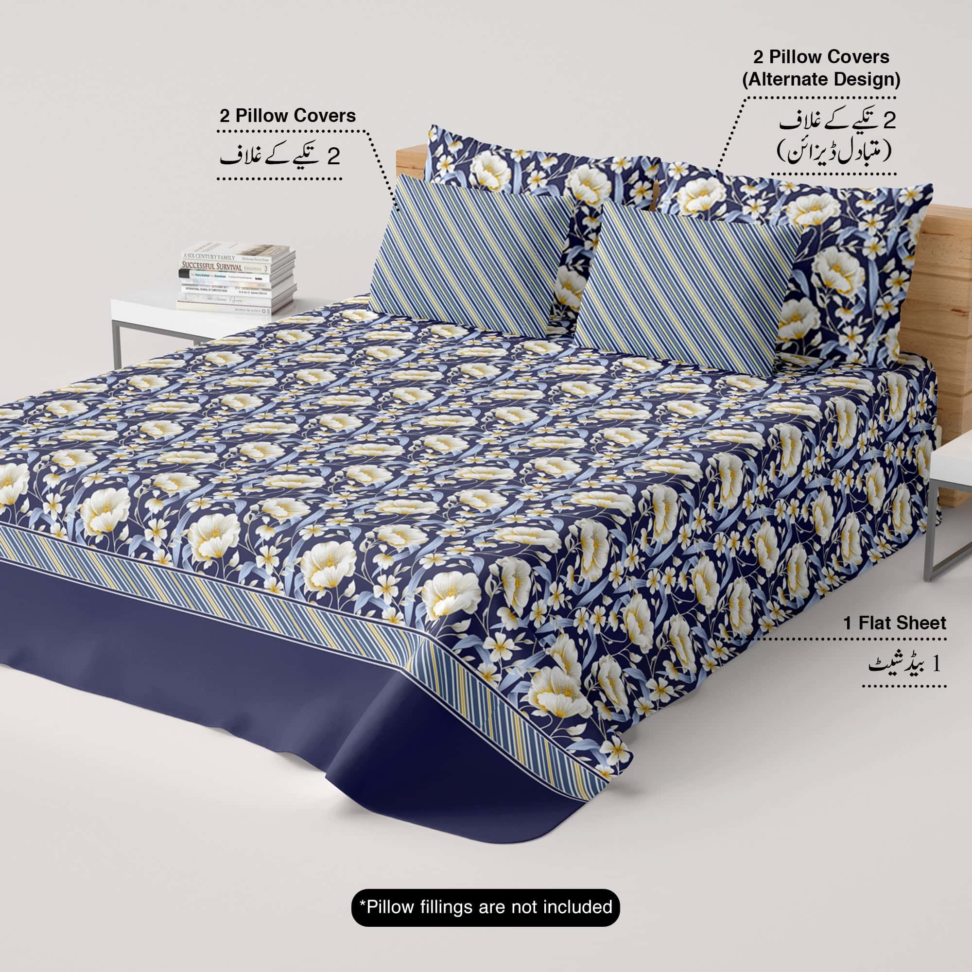 Xara Dark Blue Floral Stripe Border Bed Sheet Set - 8505-06