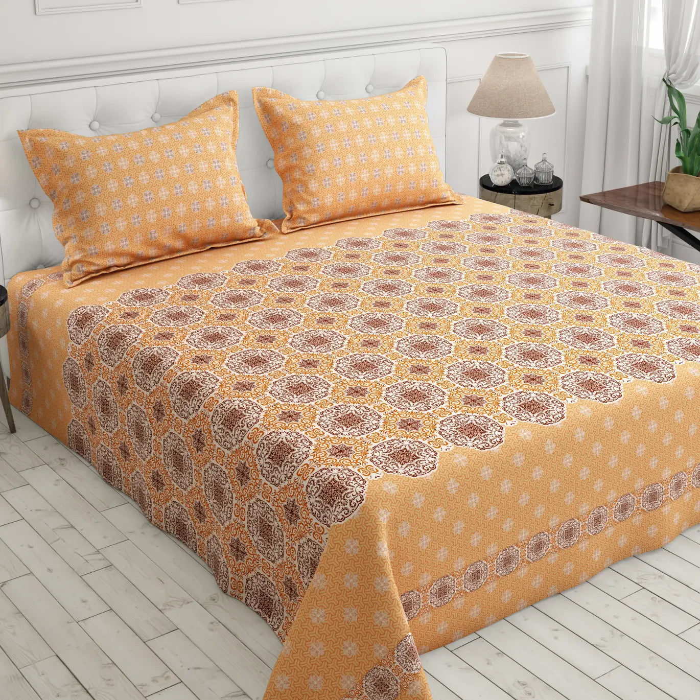 Xara Mustard Yellow Floral Bed Sheet Set with Striped Border - 8507-08