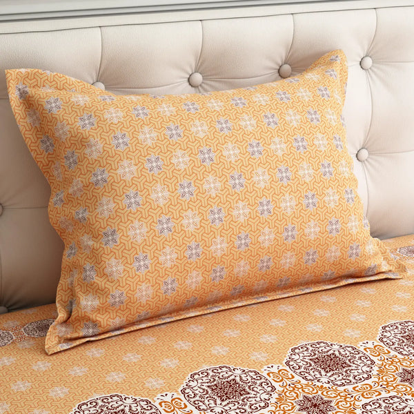 Xara Mustard Yellow Floral Bed Sheet Set with Striped Border