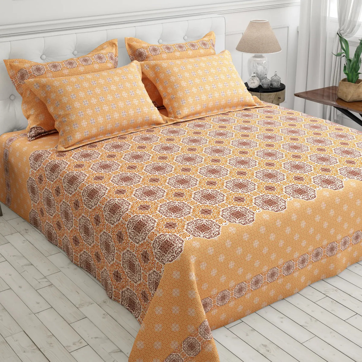 Xara Mustard Yellow Floral Bed Sheet Set with Striped Border
