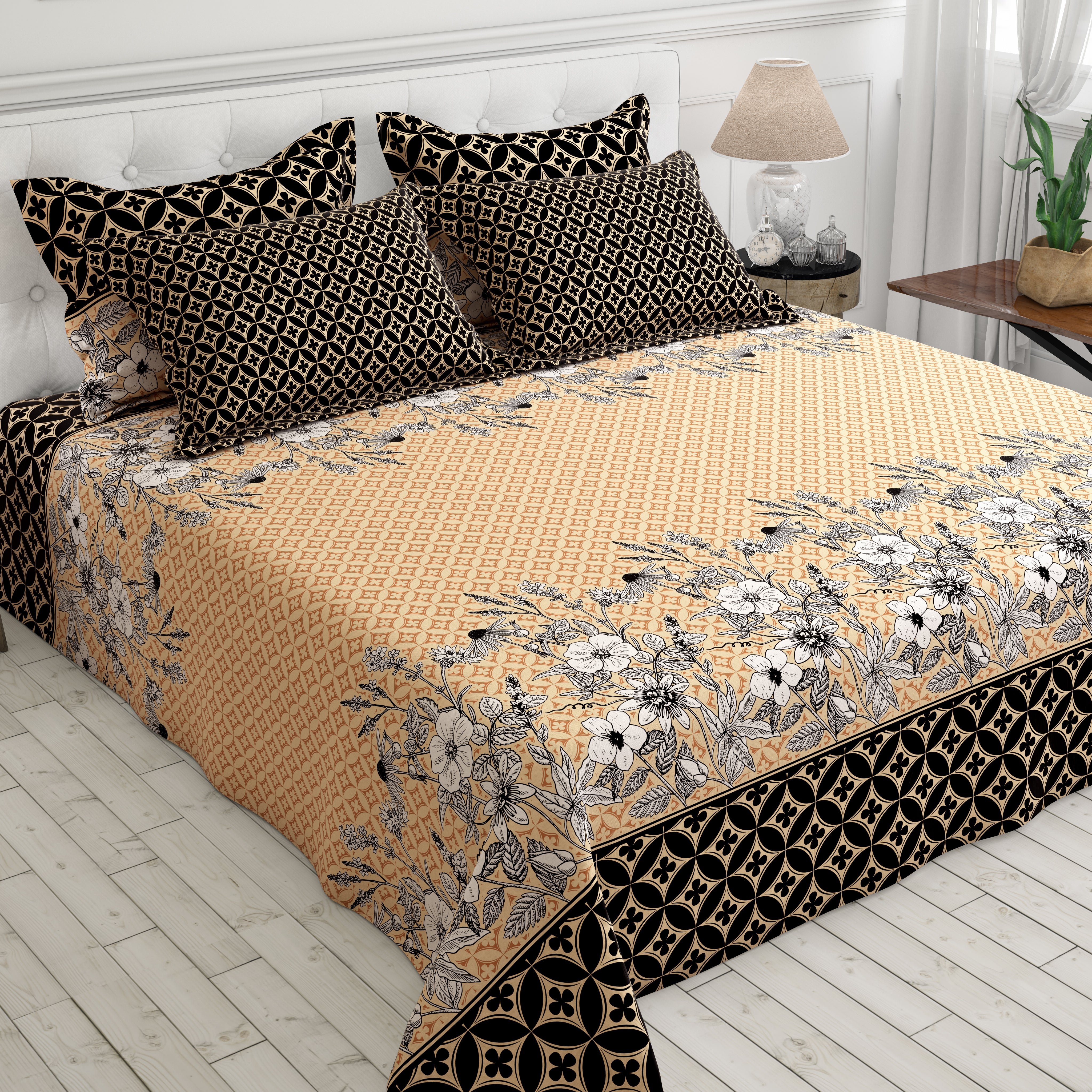 Xara Black Floral Striped Border Bed Sheet Set - 8518-19