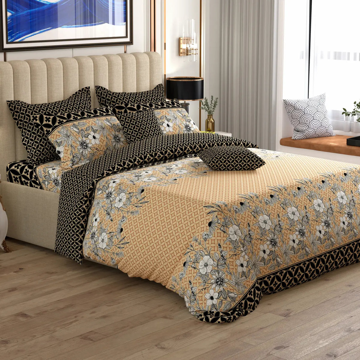 BLACK & GOLD FLORAL Xara 8 Pcs King Reversible Quilt Cover Set Bedsheet