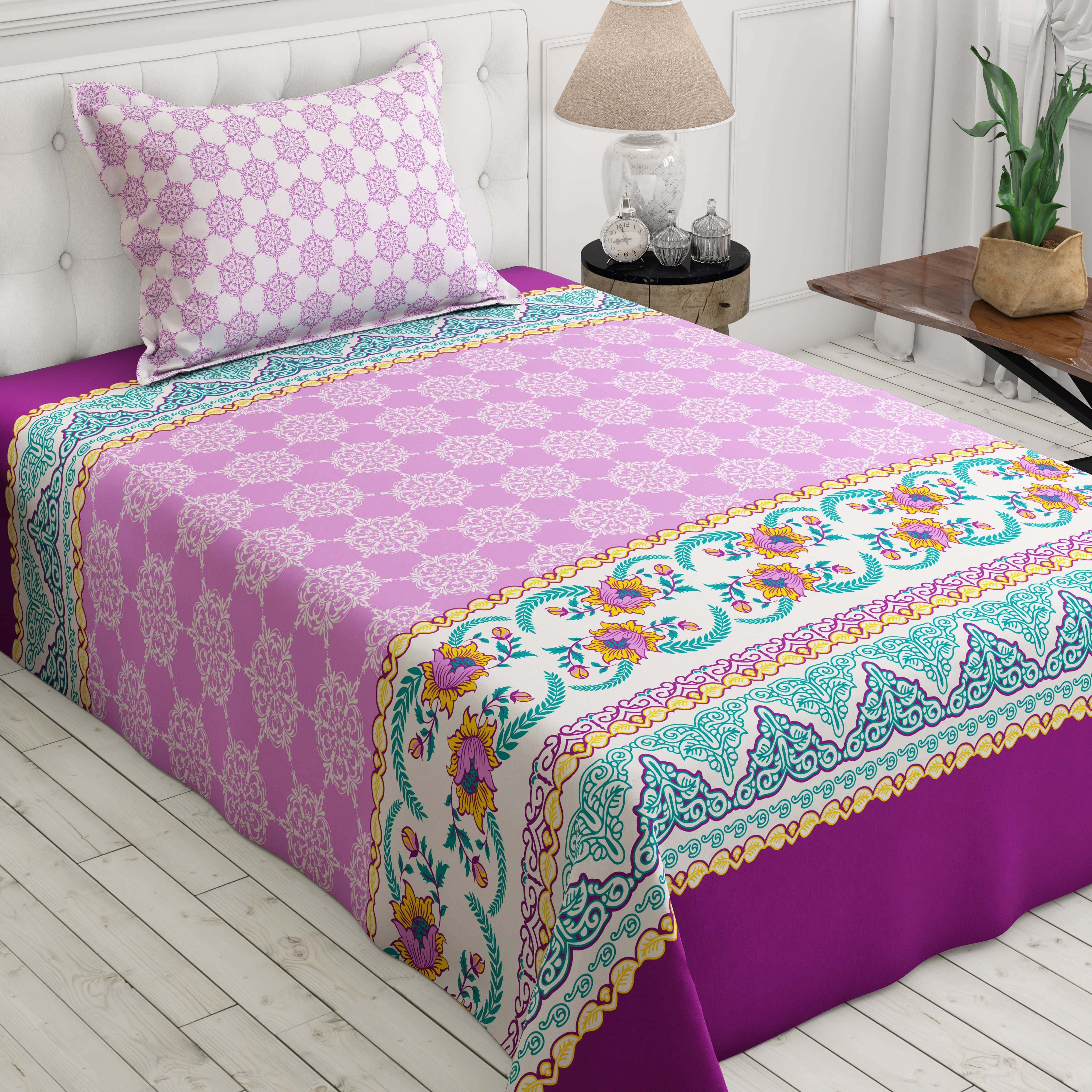 Xara Purple Floral Striped Border Bed Sheet Set - 8524-25