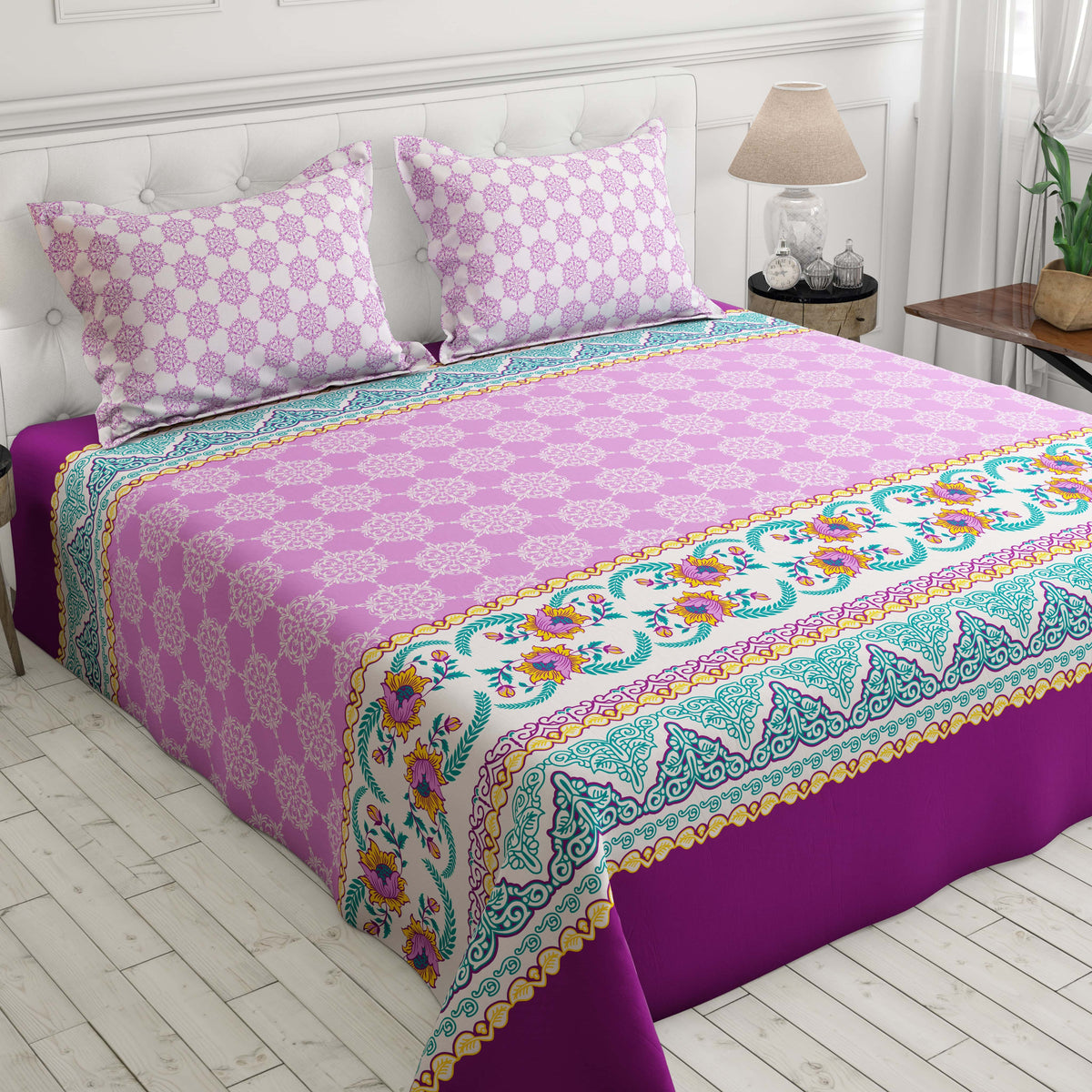 Xara Purple Floral Striped Border Bed Sheet Set - 8524-25