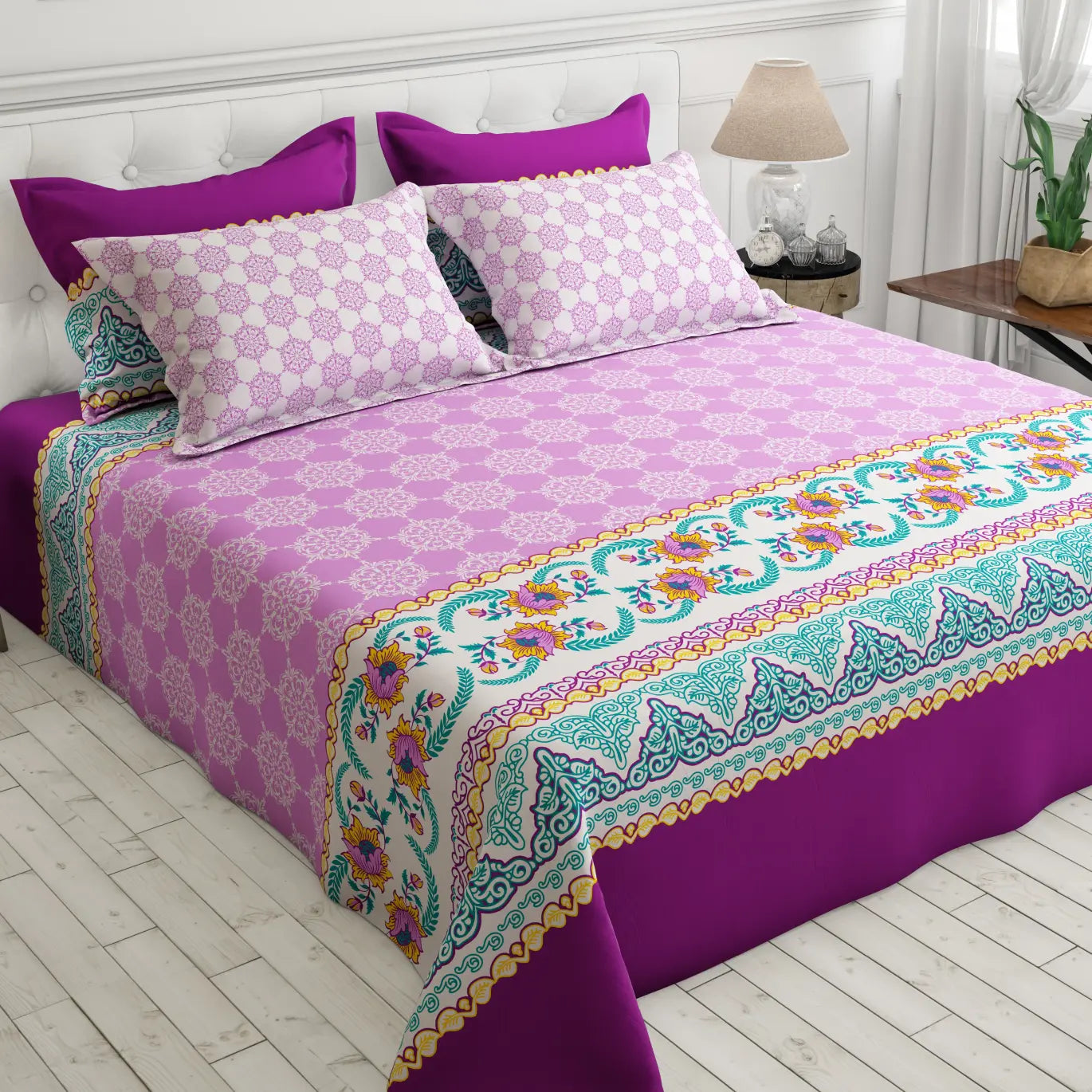 Xara Purple Floral Striped Border Bed Sheet Set - 8524-25