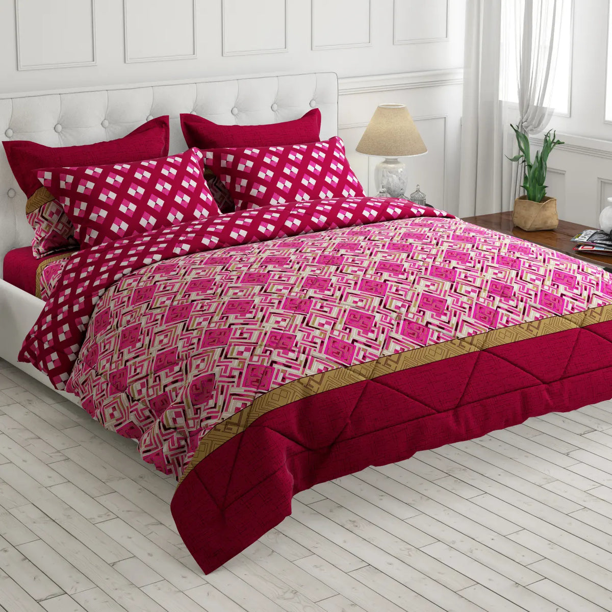 Rich Burgundy Cotton Blend 6-Pcs Comforter Set Geometric Stripes Floral Design - 8526