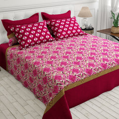 Xara Maroon Geometric Grid Bed Sheet Set with Striped Border - 8526-27