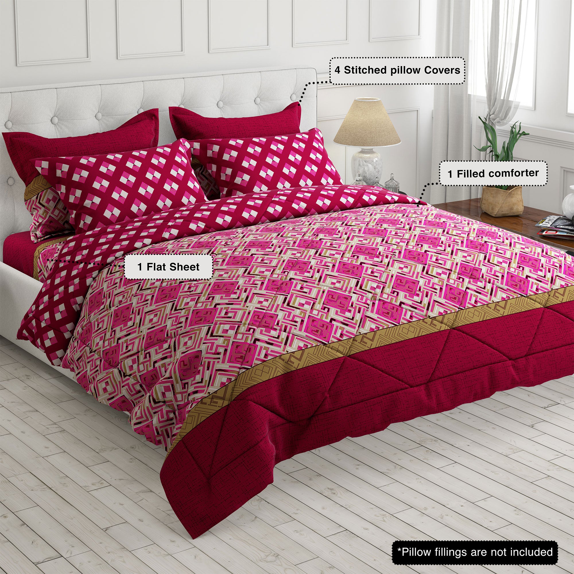 Rich Burgundy Cotton Blend 6-Pcs Comforter Set Geometric Stripes Floral Design - 8526