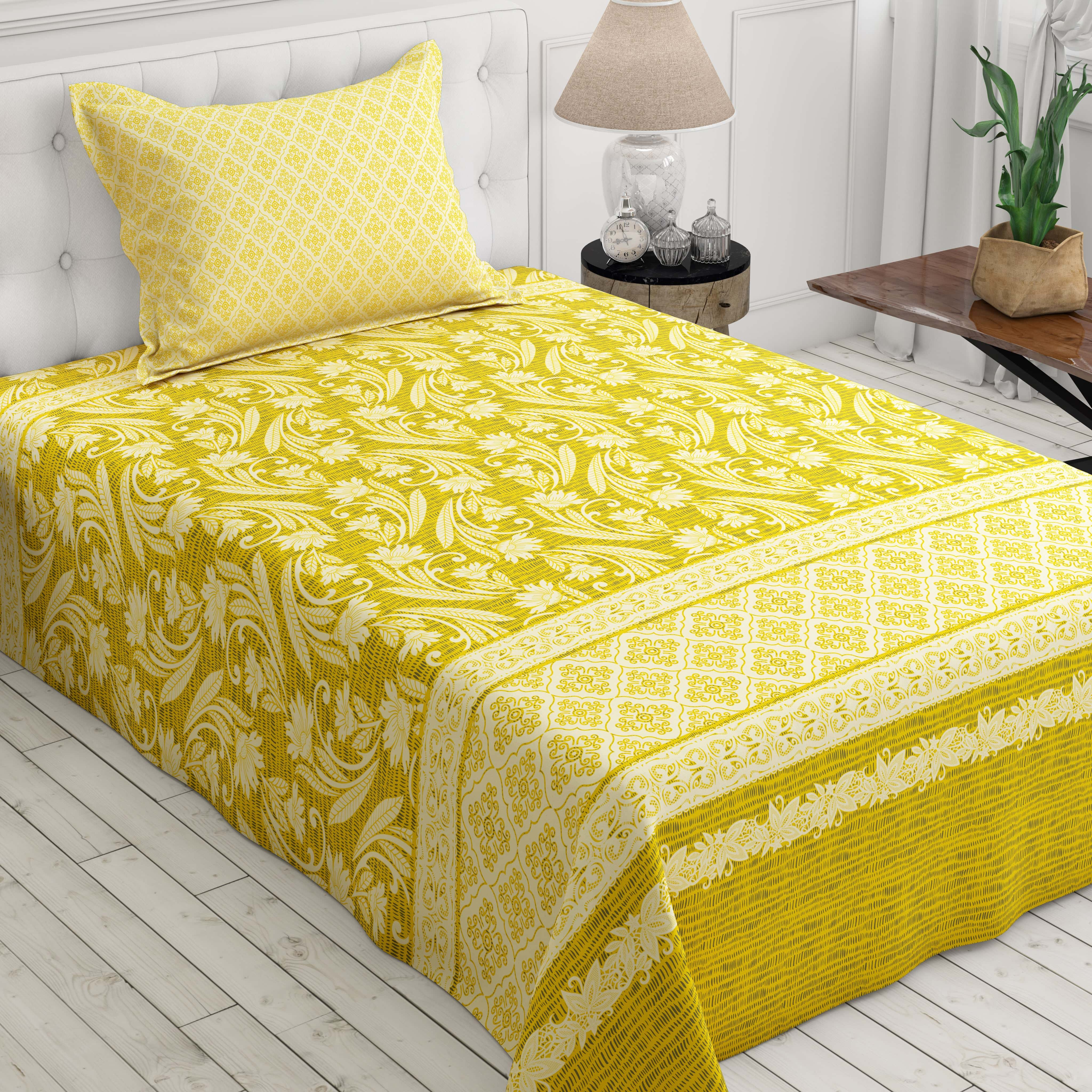 Xara Yellow Floral Striped Bed Sheet Set - 8539-40