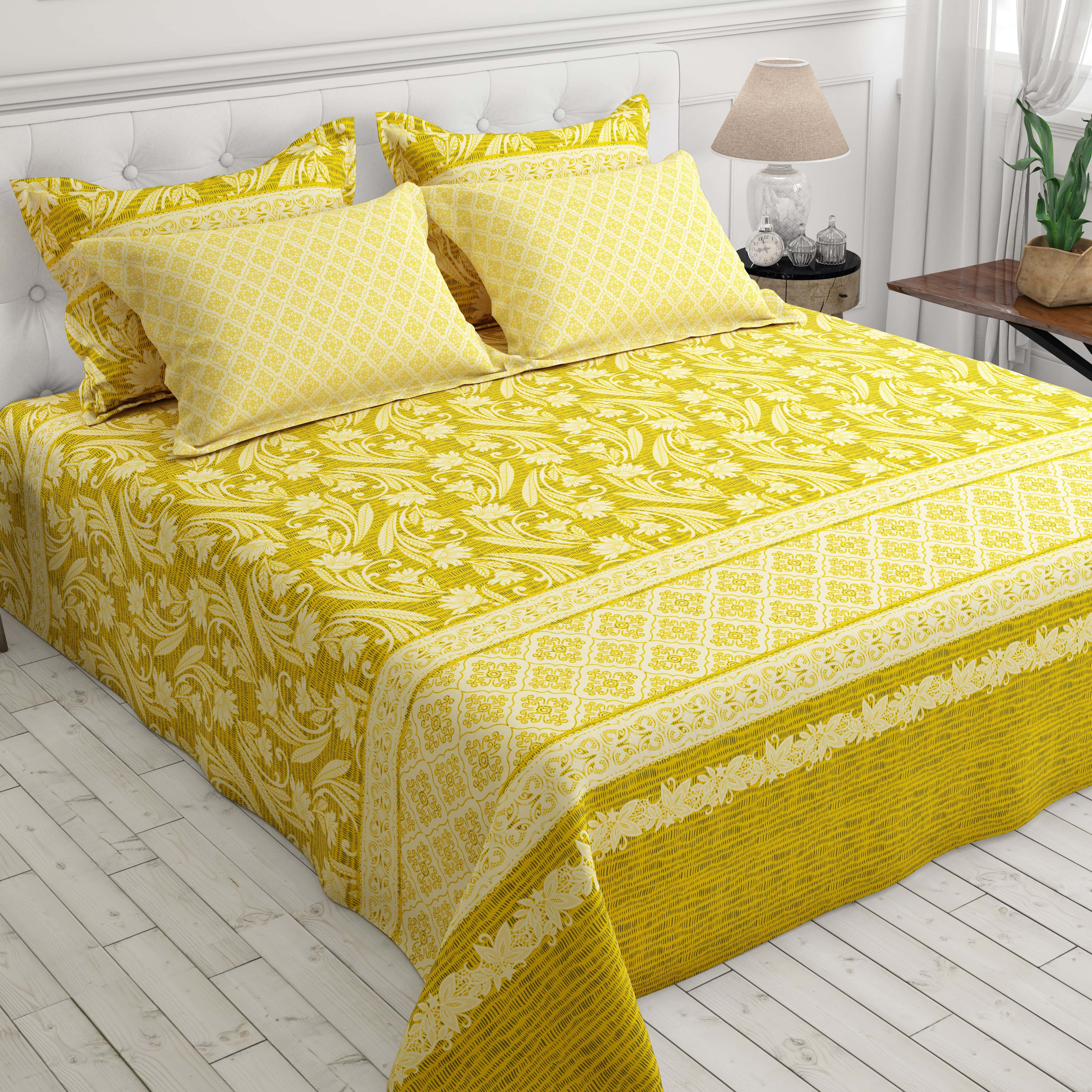 Xara Yellow Floral Striped Bed Sheet Set - 8539-40