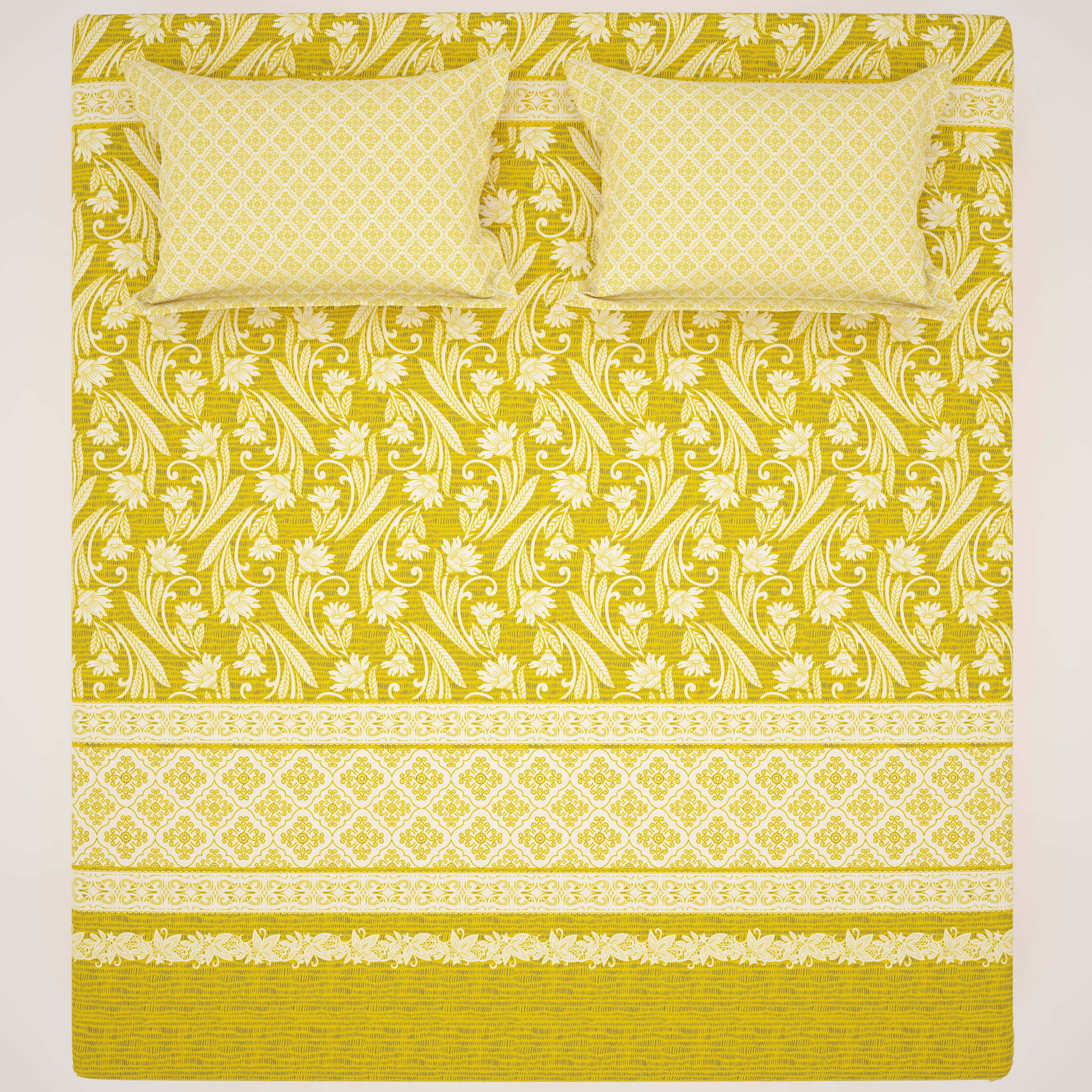 Xara Yellow Floral Striped Bed Sheet Set - 8539-40