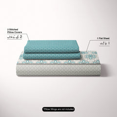 Xara Teal Floral Striped Border Bed Sheet Set - 8553-54