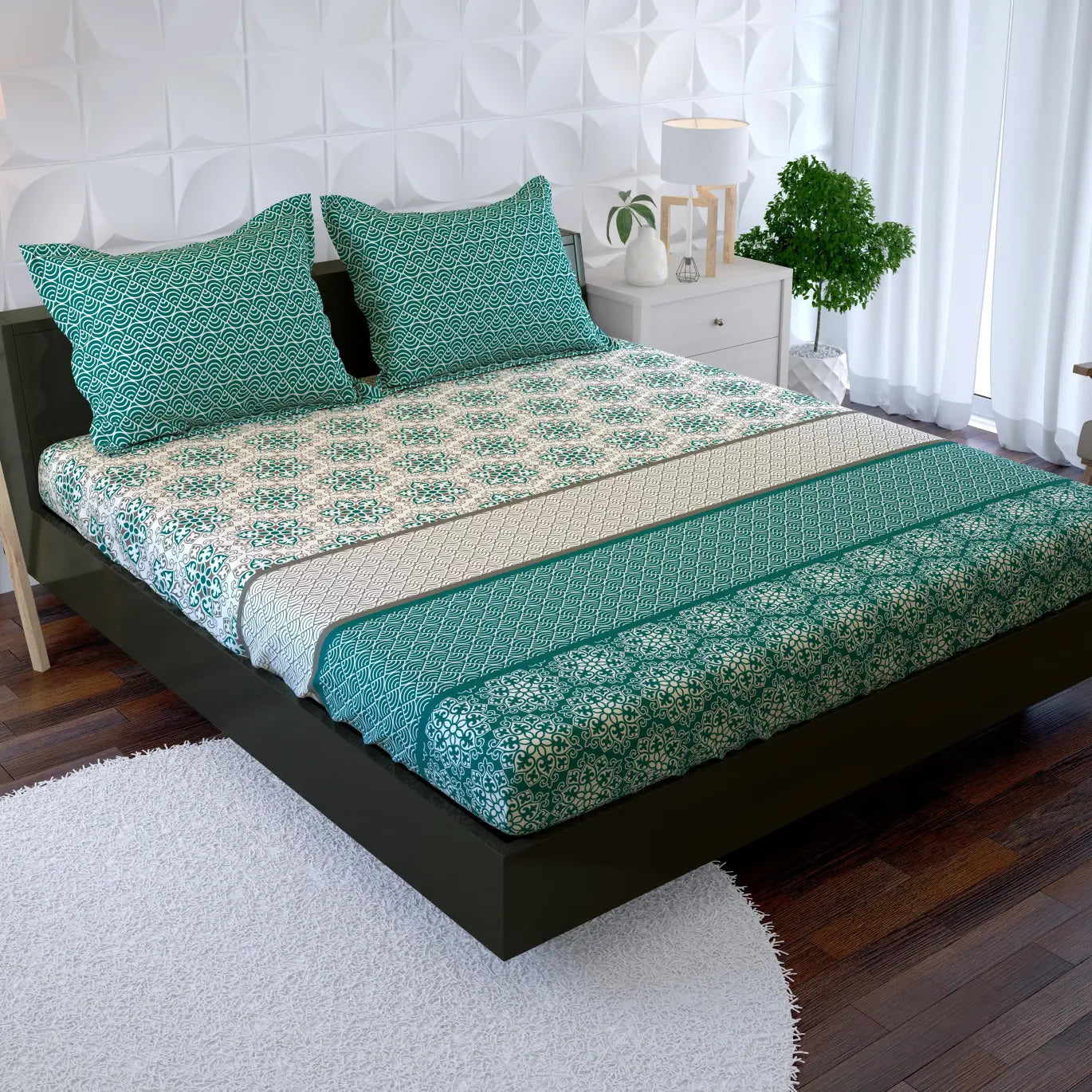 Xara Teal Damask Fitted Bed Sheet Set - 8553-54