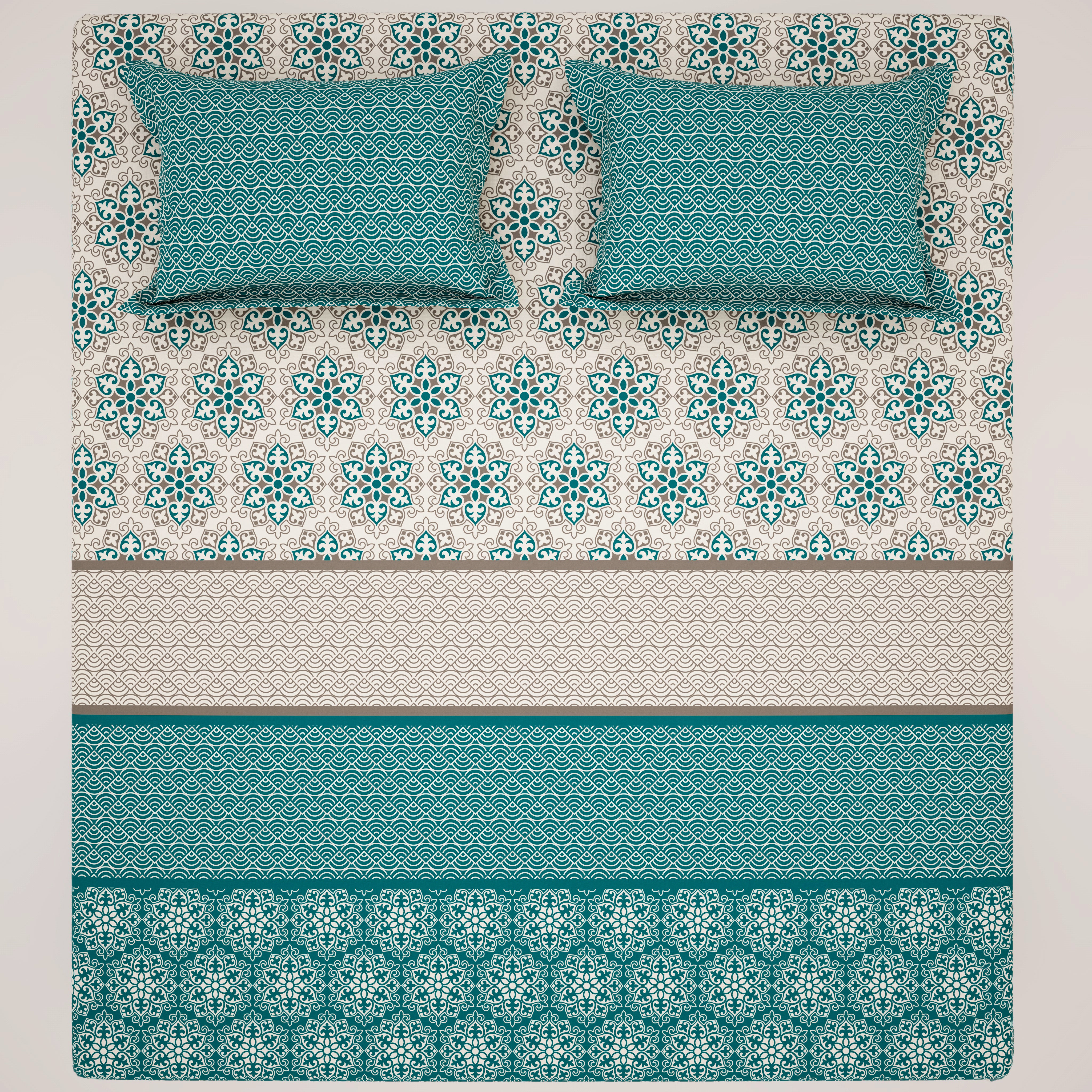 Xara Teal Floral Striped Border Bed Sheet Set - 8553-54