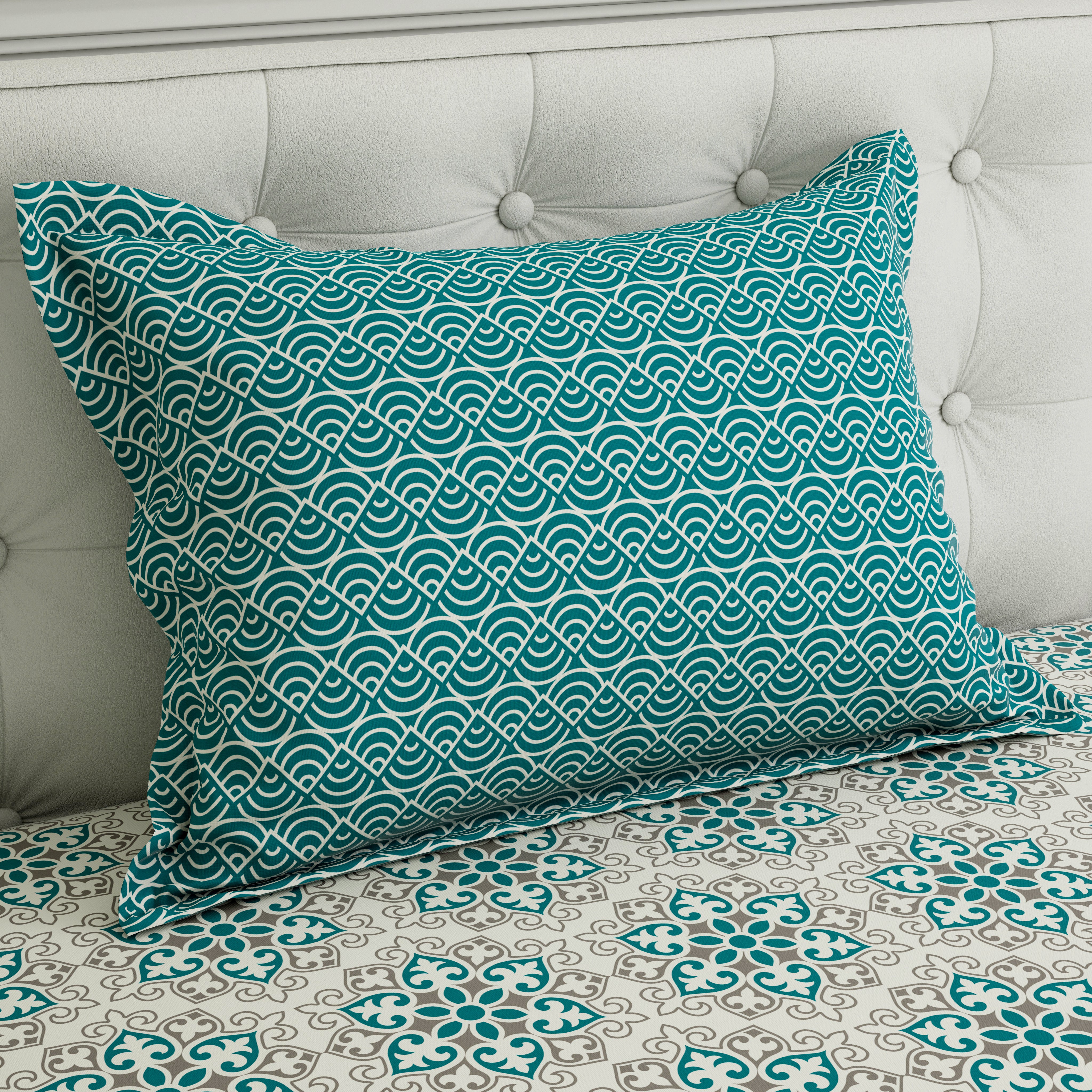 Xara Teal Floral Striped Border Bed Sheet Set - 8553-54