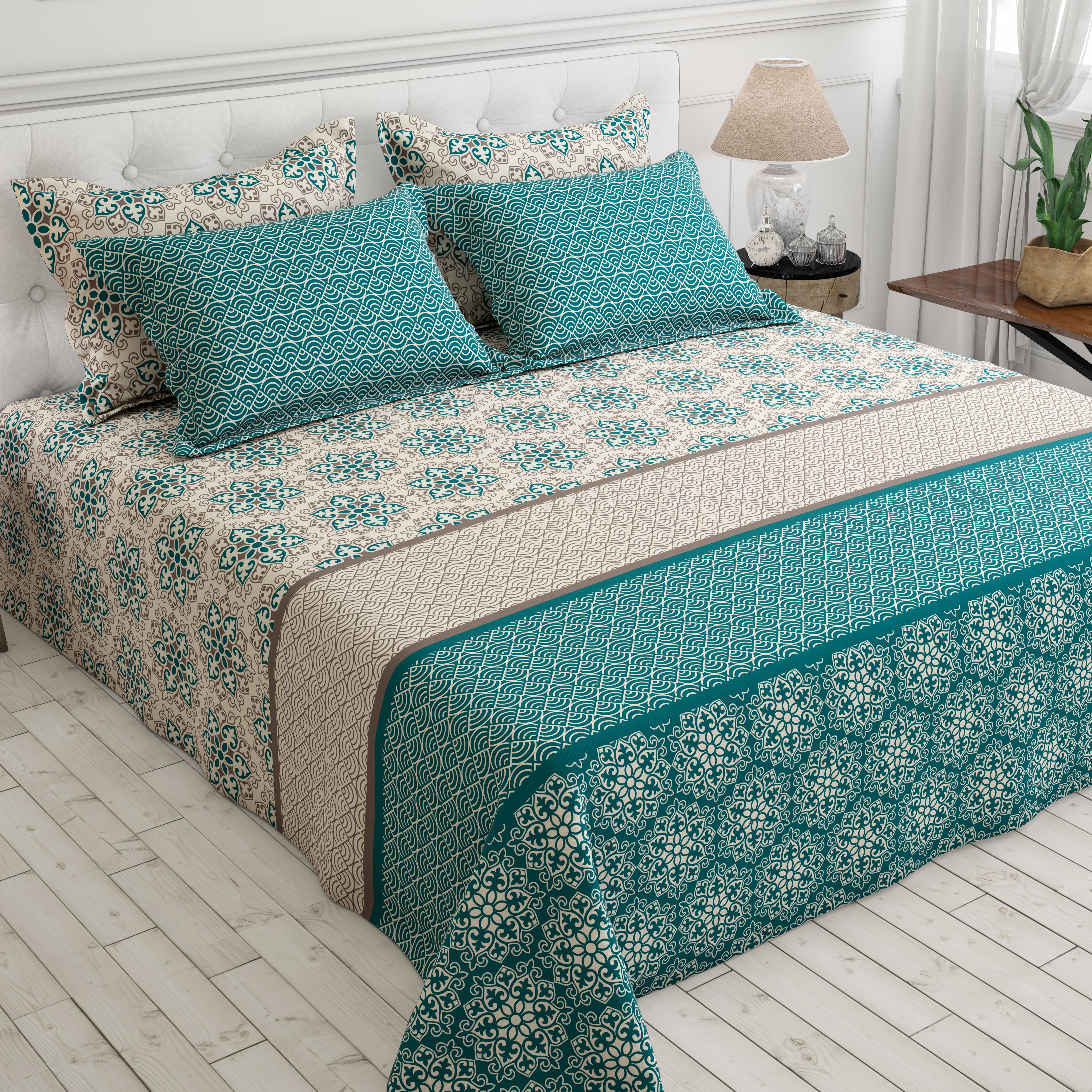 Xara Teal Floral Striped Border Bed Sheet Set - 8553-54