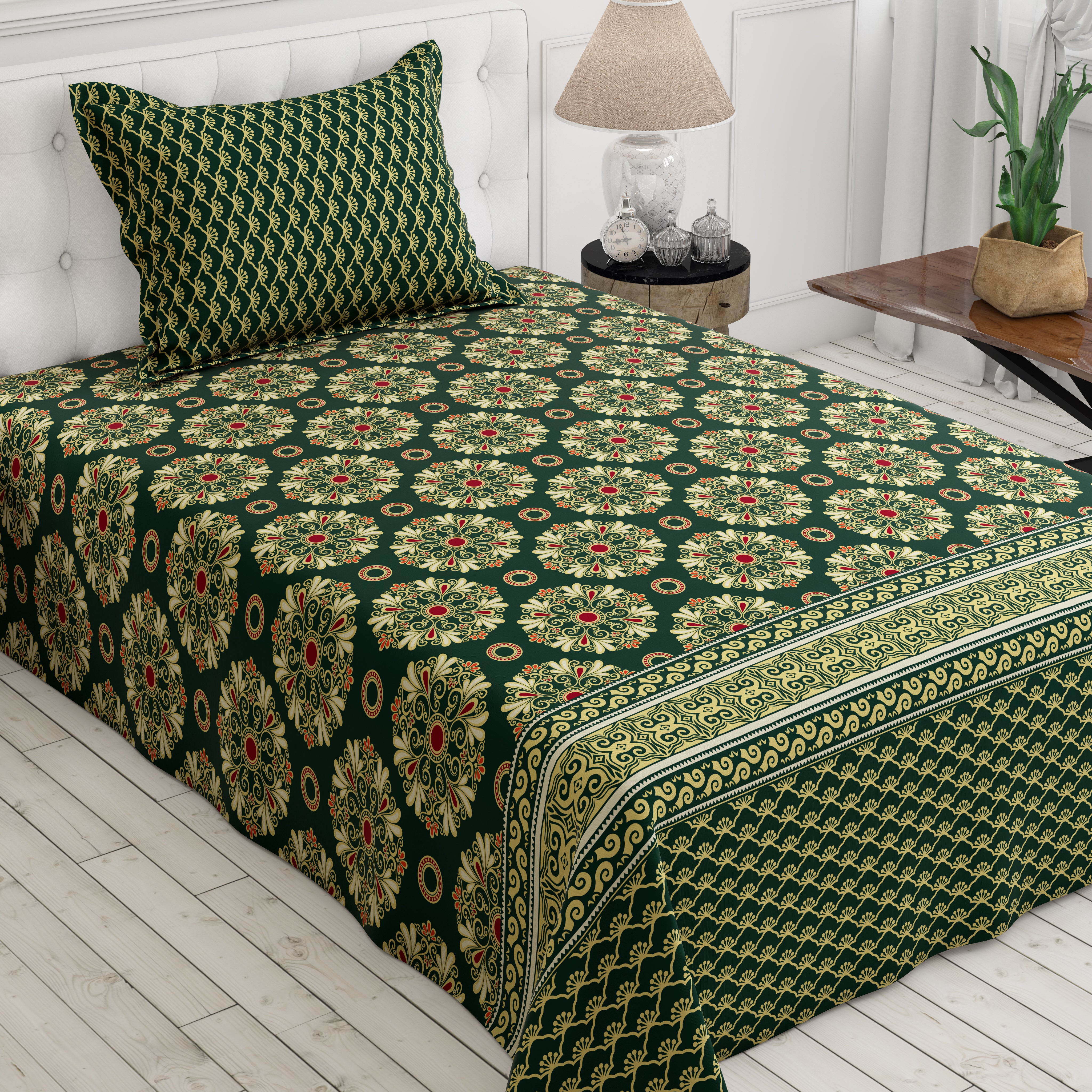 Xara Green Floral Stripe Border Bed Sheet Set - 8564-65