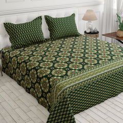 Xara Green Floral Stripe Border Bed Sheet Set - 8564-65