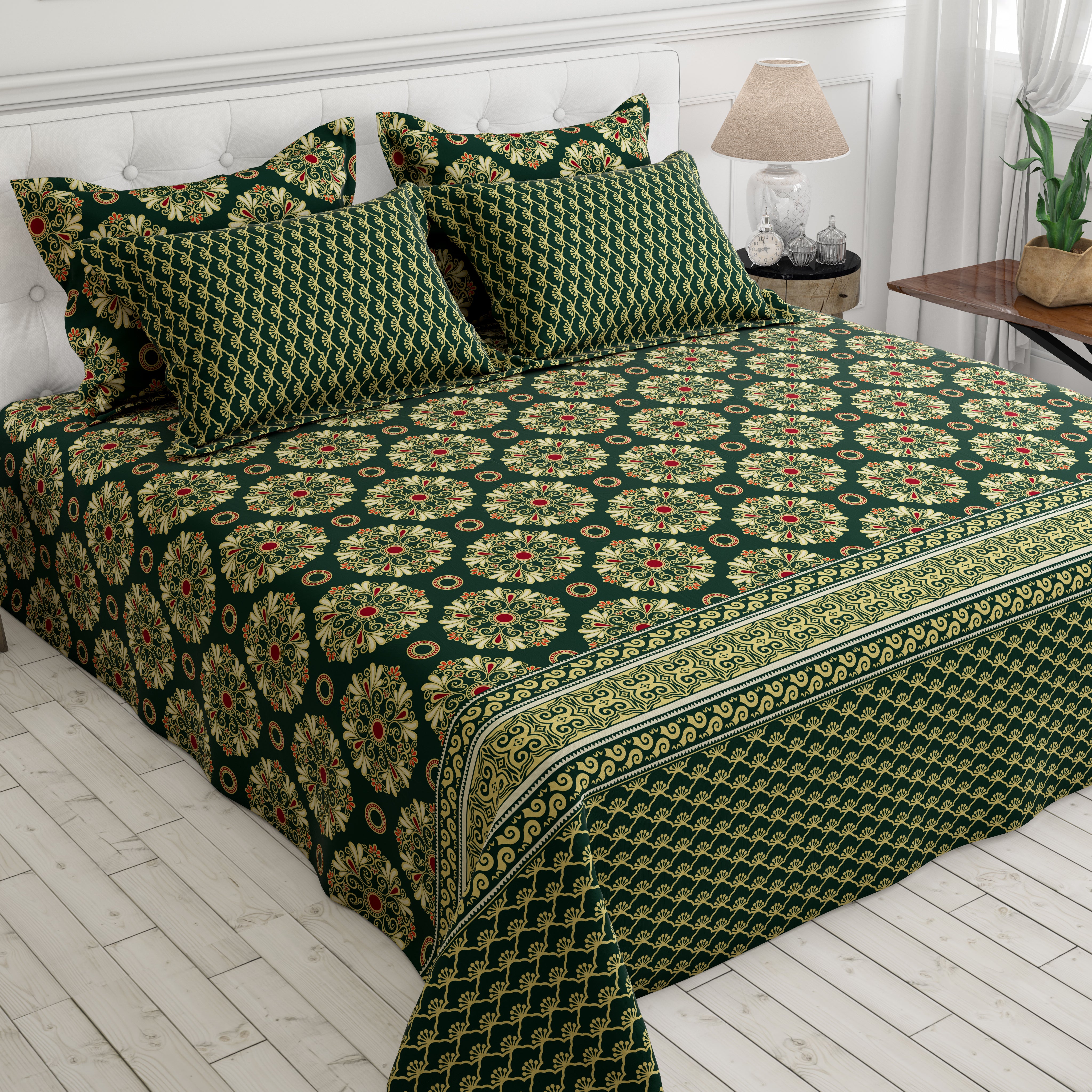 Xara Green Floral Stripe Border Bed Sheet Set - 8564-65